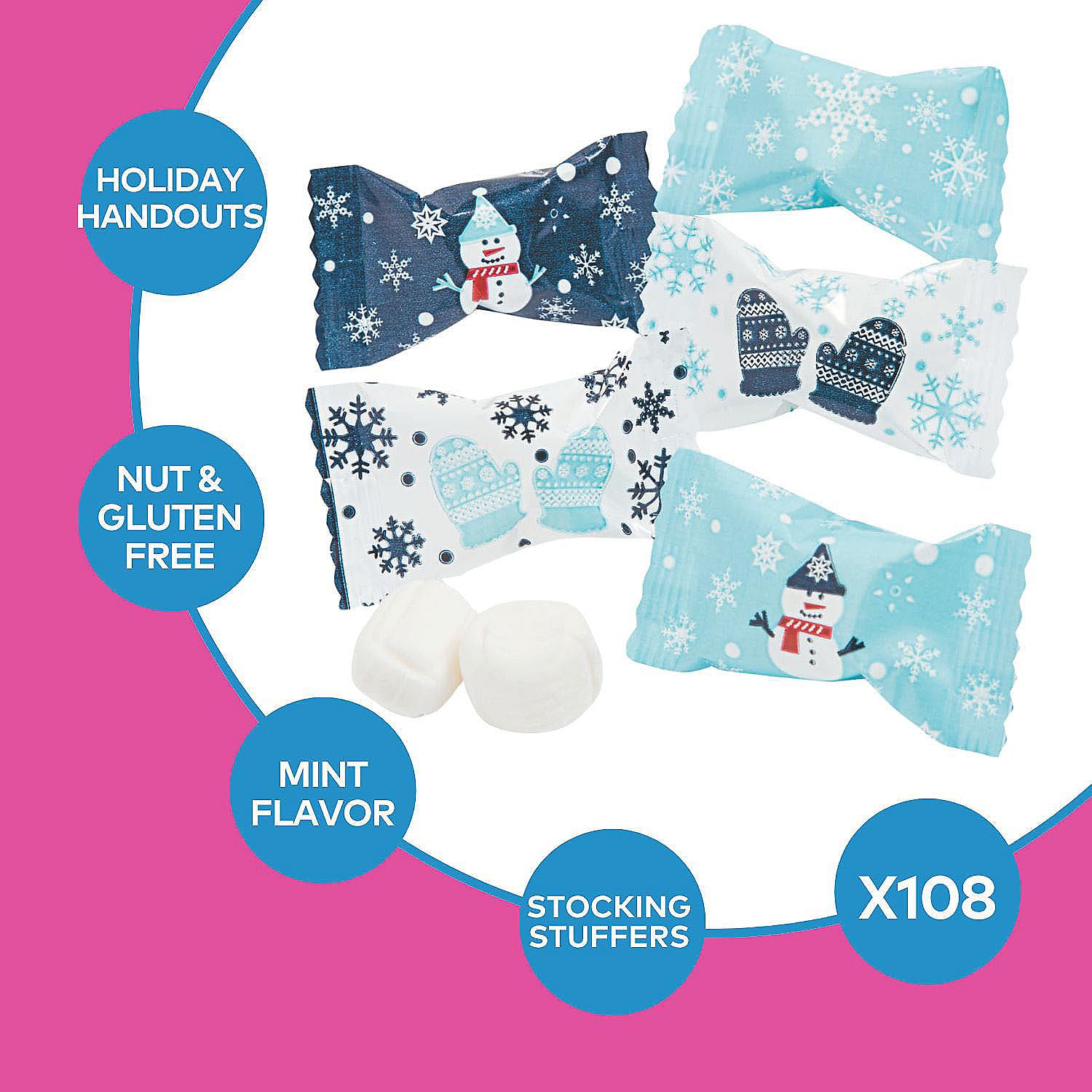 Winter Buttermint Candy - 108 Individually Wrapped Christmas Mints with Snowflake & Snowman Designs - Perfect for Holiday Parties, Stocking Stuffers & Gift Baskets