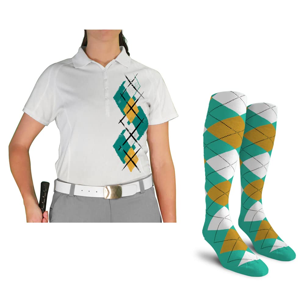Dry Fit Short Sleeve Graphic Golf Polo Shirt with Socks for Women - Argyle Paradise (5A-5Z) | Moisture-Wicking Performance Top & Comfy Socks Set | Perfect for Golf, Tennis & Casual Summer Outfits