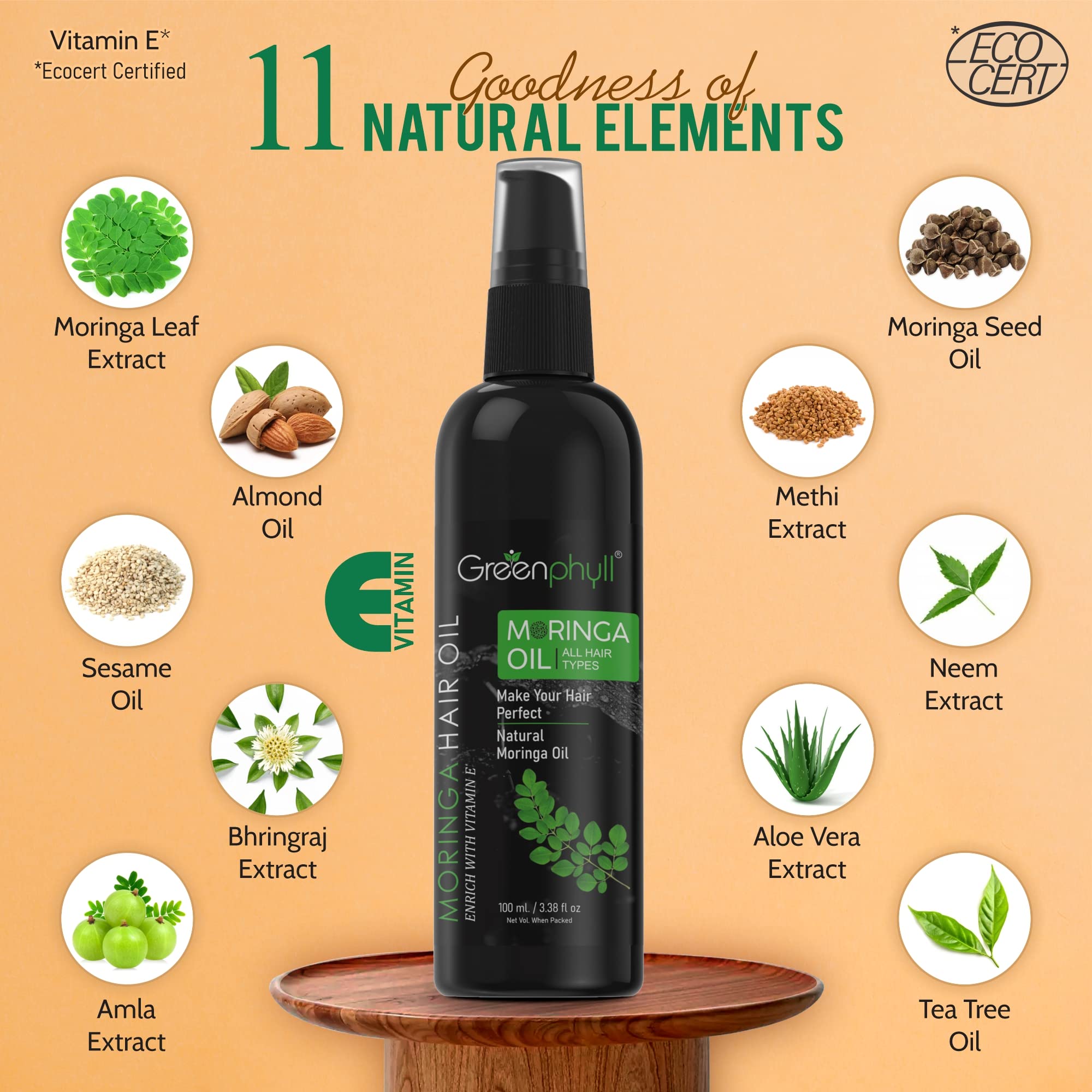 Organic Greenphyll Moringa Hair Oil with Natural Moringa Extract - Promotes Hair Growth & Reduces Hair Fall (100ml) - Perfect for Dry, Damaged Hair & Scalp Nourishment