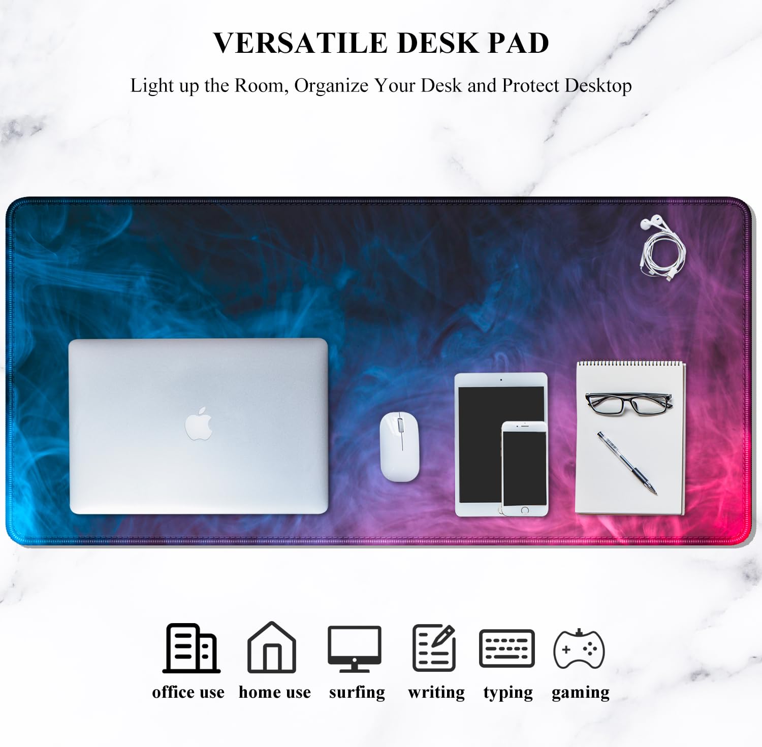 Auhoahsil XXL Gaming Mouse Pad - 31.5 x 11.8 Inch Large Desk Mat with Stitched Edges & Non-Slip Rubber Base | Colorful Smoke Design for PC, Laptop, Office & Gaming Setup | Perfect for Work, Gaming & Home Office
