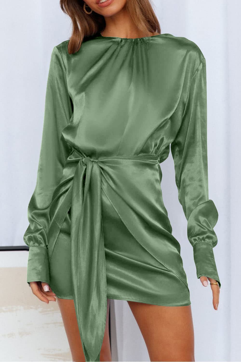PRETTYGARDEN Women's Satin Wrap Dress Long Sleeve Tie Waist Elegant Cocktail Party Mini Dress for Spring Fall - Perfect for Wedding Guest, Date Night & Office Wear