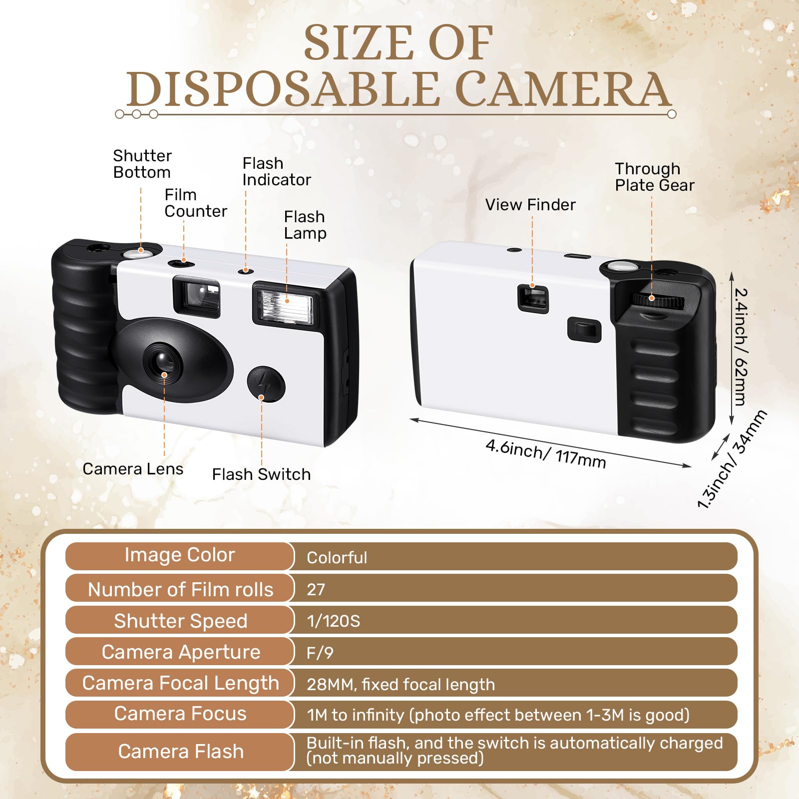 Treela 6-Pack Disposable 35mm Film Cameras with Flash - Wedding, Bachelorette Party, Birthday, Concert, Travel & Anniversary Favors - Perfect for Vacation Gifts & Event Souvenirs (White, Simple Design)