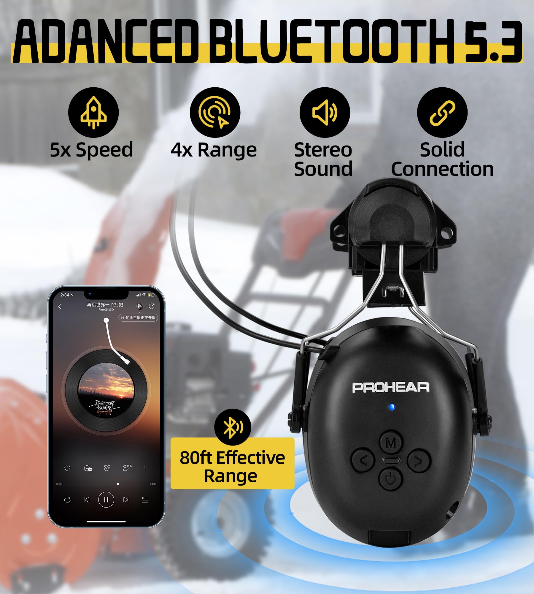 PROHEAR 037BR04 Bluetooth Hearing Protection Headphones - 40H Playtime, Noise Cancelling for Construction, Mowing & DIY - Compatible with 3M H-700 & DEWALT Hard Hats (Black) - Perfect for Job Sites, Landscaping & Woodworking Safety