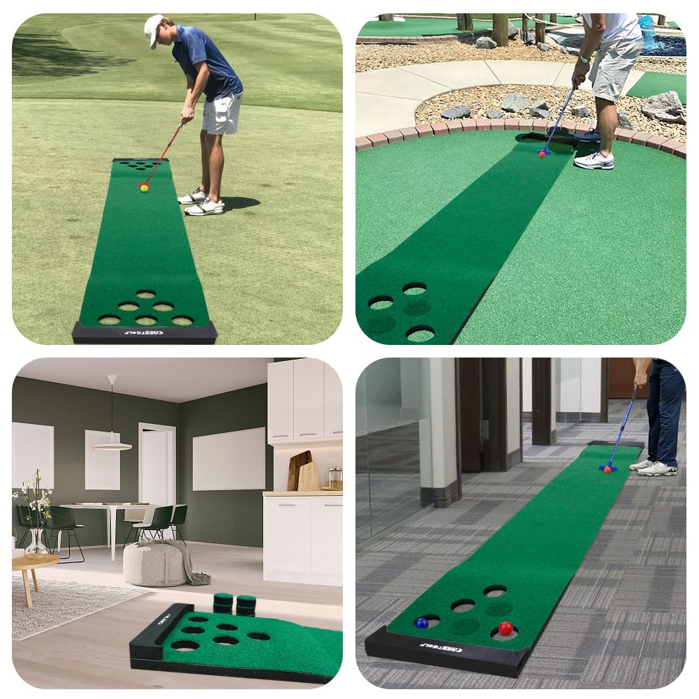 Pong Mat Golf Game Set - Green Indoor/Outdoor Putting Mat with 2 Adjustable Putters, 6 Golf Balls & 12 Hole Covers | Perfect for Short Game Practice, Office Parties, Backyard Fun & Family Entertainment
