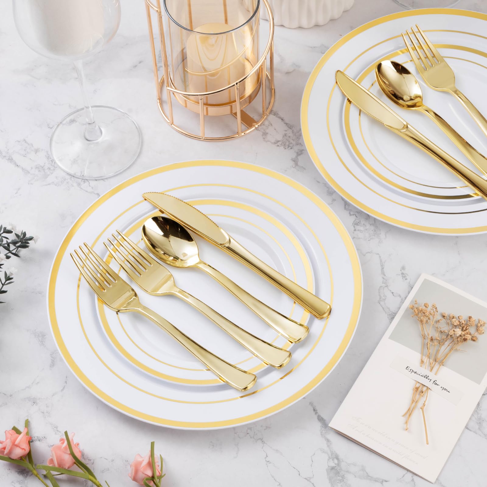 600-Piece Elegant Gold Plastic Plate Set for 100 Guests - Disposable Dinnerware for Weddings, Parties & Birthdays - Includes 200 Plates, 200 Forks, 100 Spoons & 100 Knives - Perfect for Elegant Events, Catering & Special Occasions