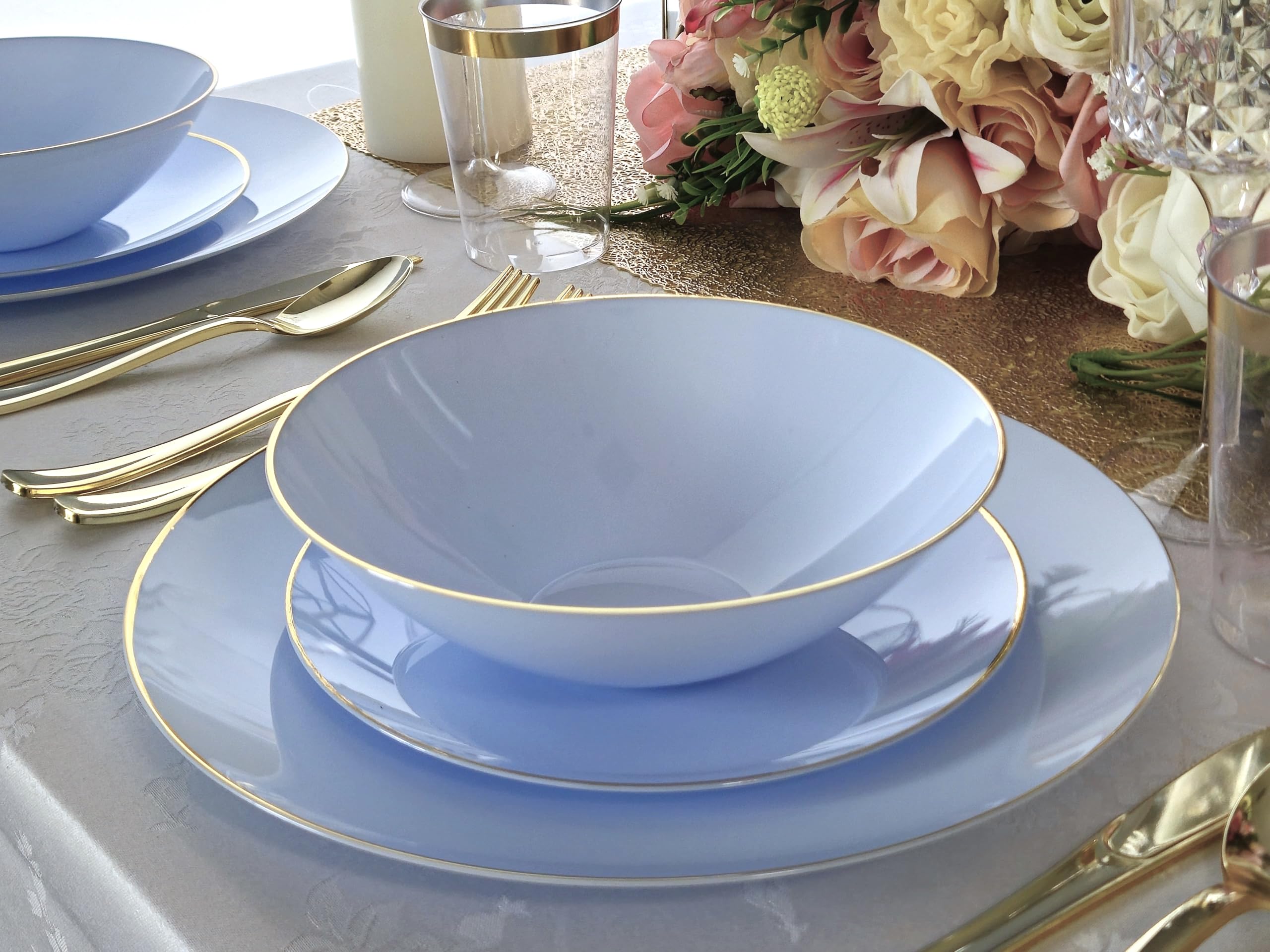 240 Pack Disposable Plastic Plates for Wedding & Party - 10.25 Inch Dinner Plates in Elegant Bali Blue & Gold - Perfect for Birthday, Baby Shower, Anniversary & Special Events