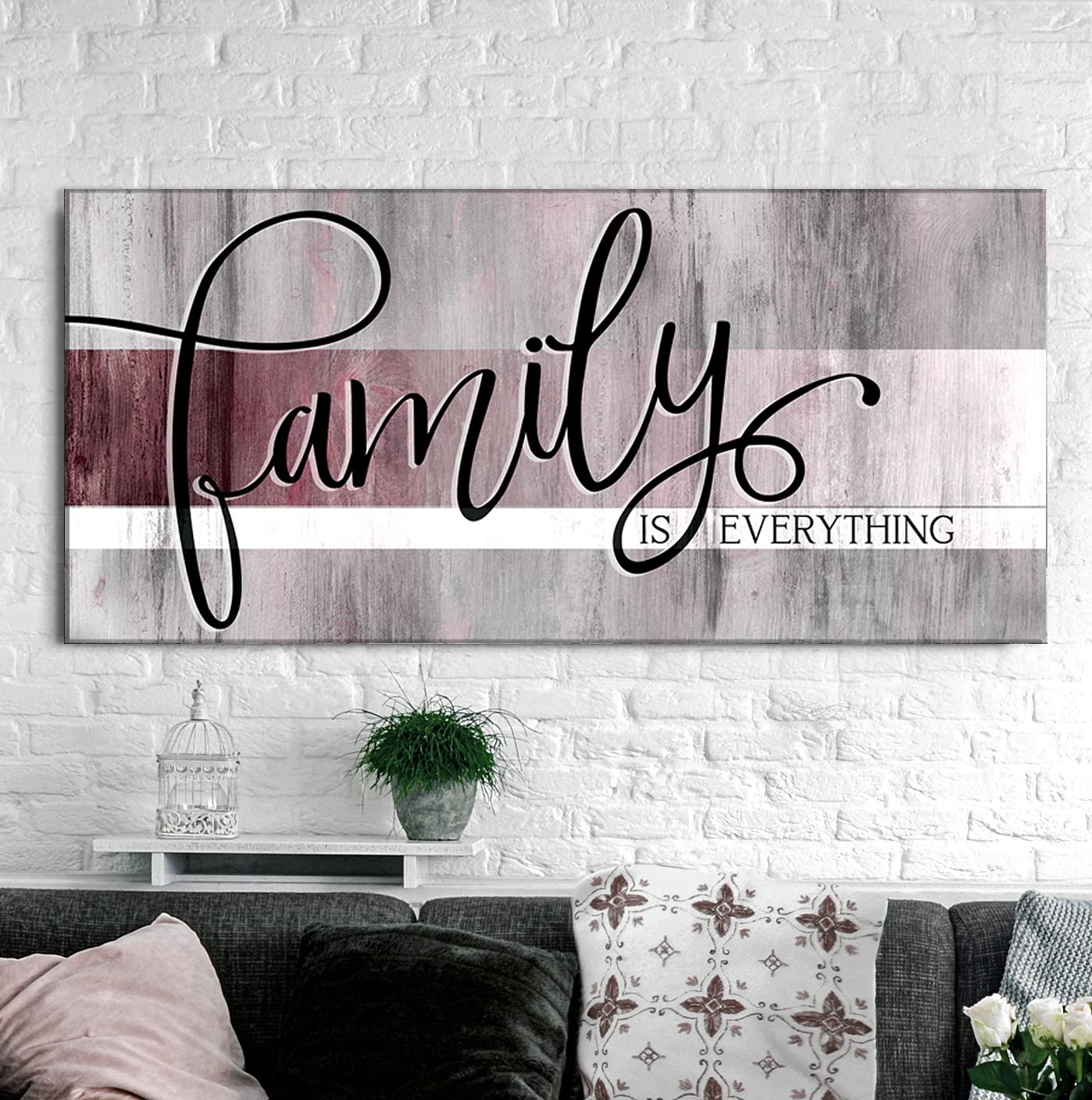 Farmhouse Style Large Canvas Wall Art - Family Is Everything Framed Décor for Living Room & Family Room (60x27 Inches, Wine Red) | Perfect for Home, Office & Gift Giving