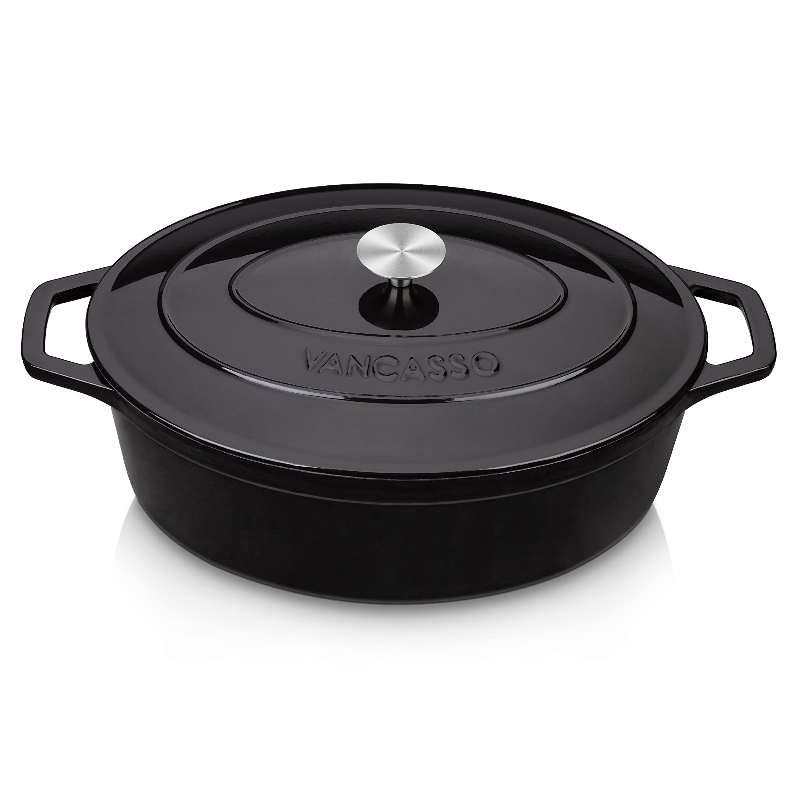 Vancasso Enameled Cast Iron Oval Dutch Oven - 9.3 Quart Non-Stick Enamel Coated Pot with Lid - Perfect for Bread Baking, Soups, Stews & Camping - Black Double Handle Cookware for Oven & Stovetop Use