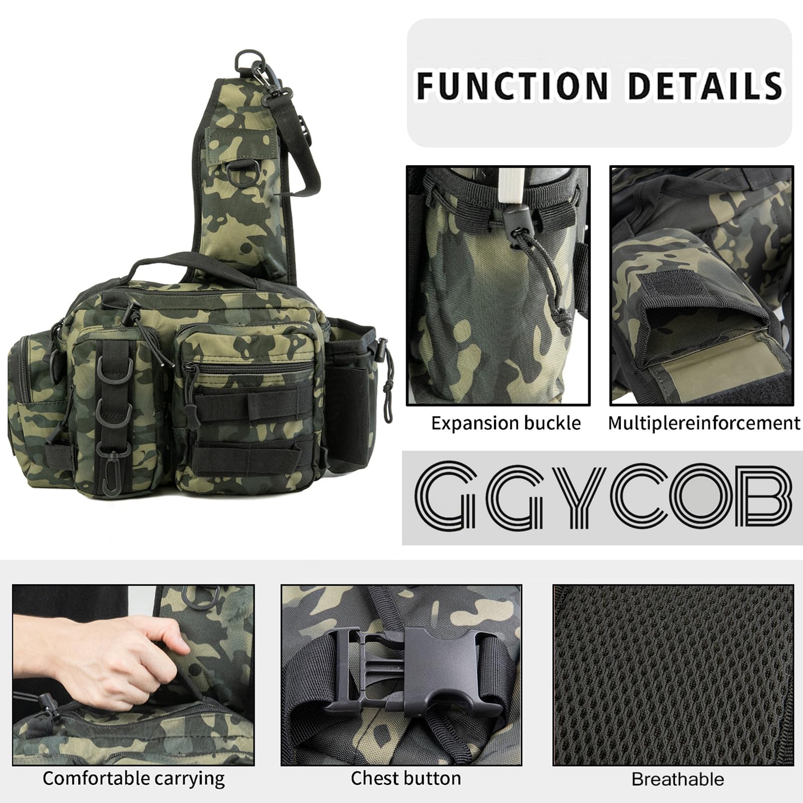 Waterproof Nylon Fishing Backpack with Rod Holder - Fly Fishing Gear Storage Bag for Men, Outdoor Fishing Tackle Organizer, Sling Shoulder Pack for Hiking & Camping (Black Camo)