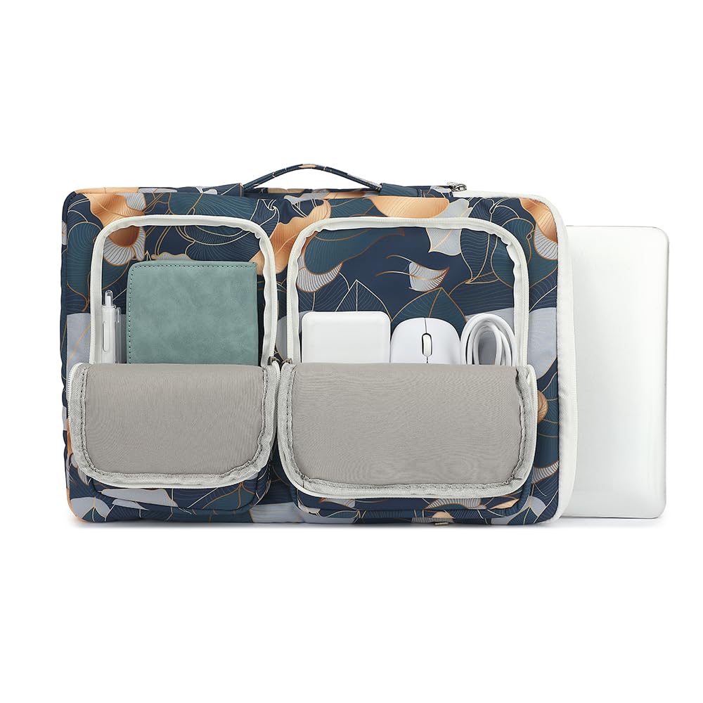 360° Protective Laptop Sleeve Case for MacBook Pro 16/15 inch & 15.6 inch Laptops - Waterproof Shockproof with 4 Storage Pockets - Perfect for Travel, Office & School (Blue Leaf Pattern)