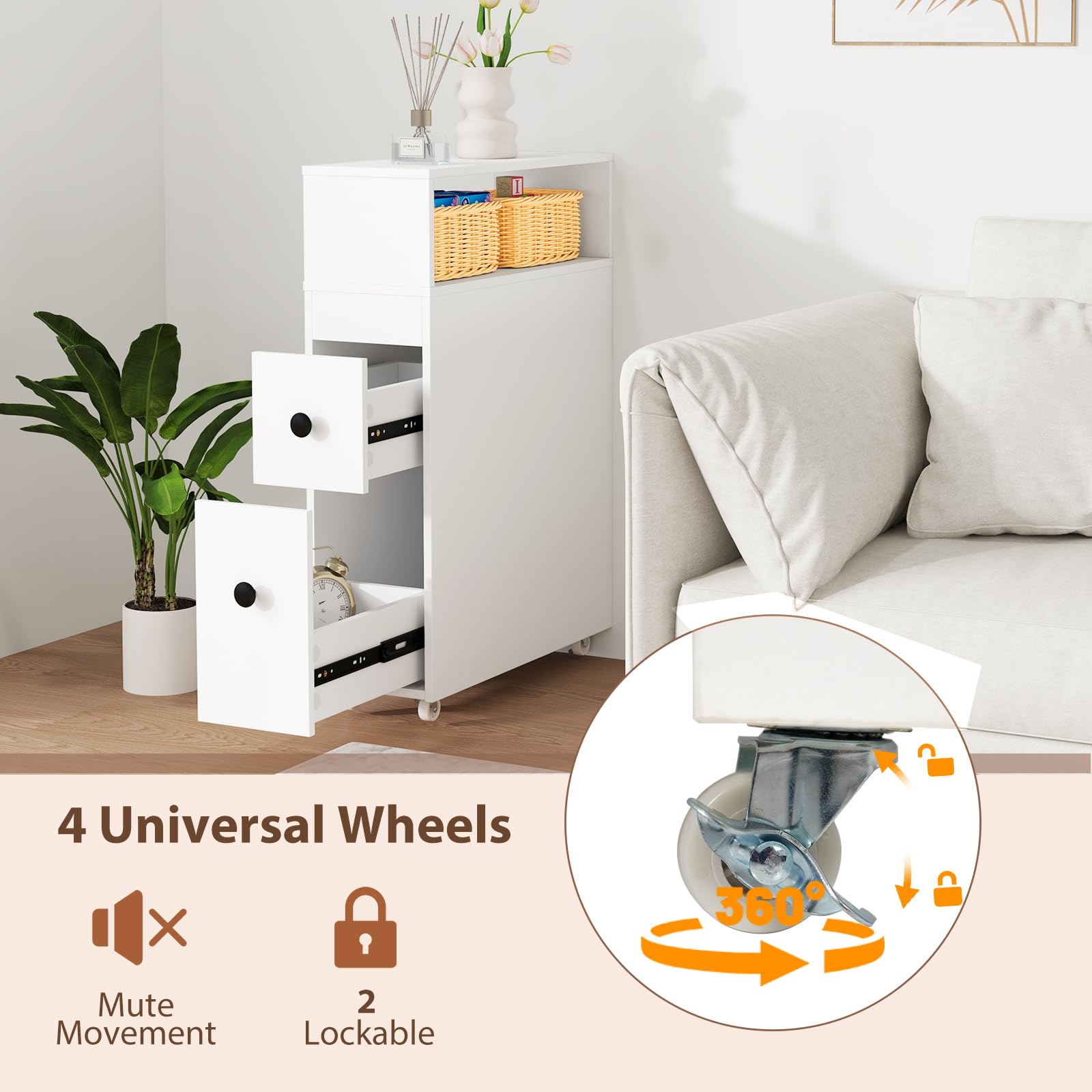 Giantex Slim Bathroom Storage Cabinet with Wheels - 2 Drawers, 2 Baskets & Brush Holder - Over The Toilet Organizer for Small Spaces - Perfect for Narrow Corners, Apartments & Tiny Bathrooms