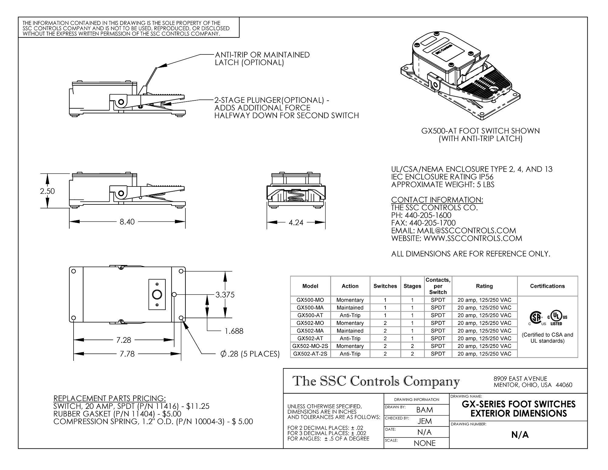 Heavy Duty SSC Controls GX500-MO Industrial Foot Switch - Momentary Action SPDT Single Pedal Electrical Control for Machinery & Equipment Operation