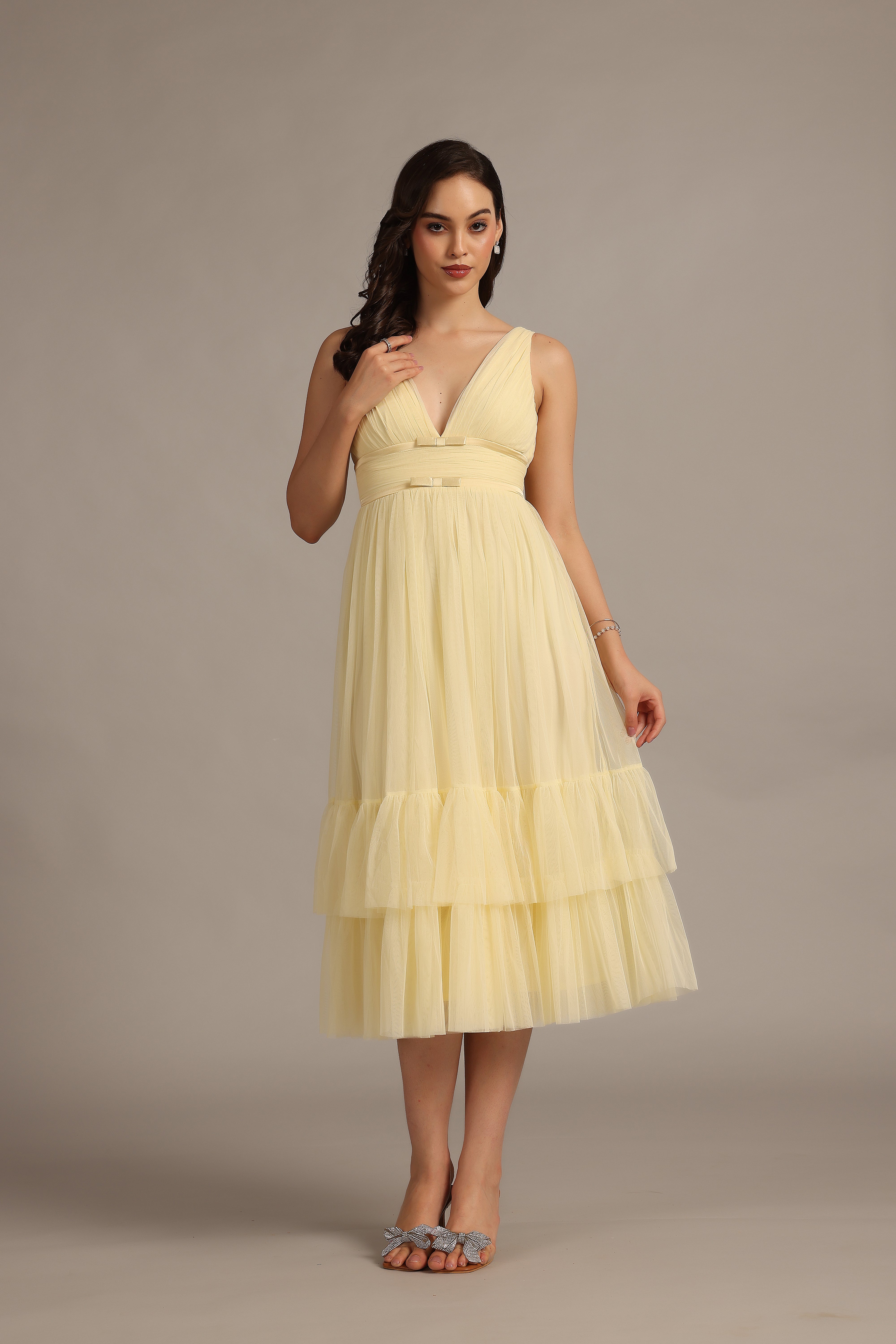 Nymeria Floral Midi Dress in Buttercup Yellow - Perfect for Spring Weddings & Garden Parties