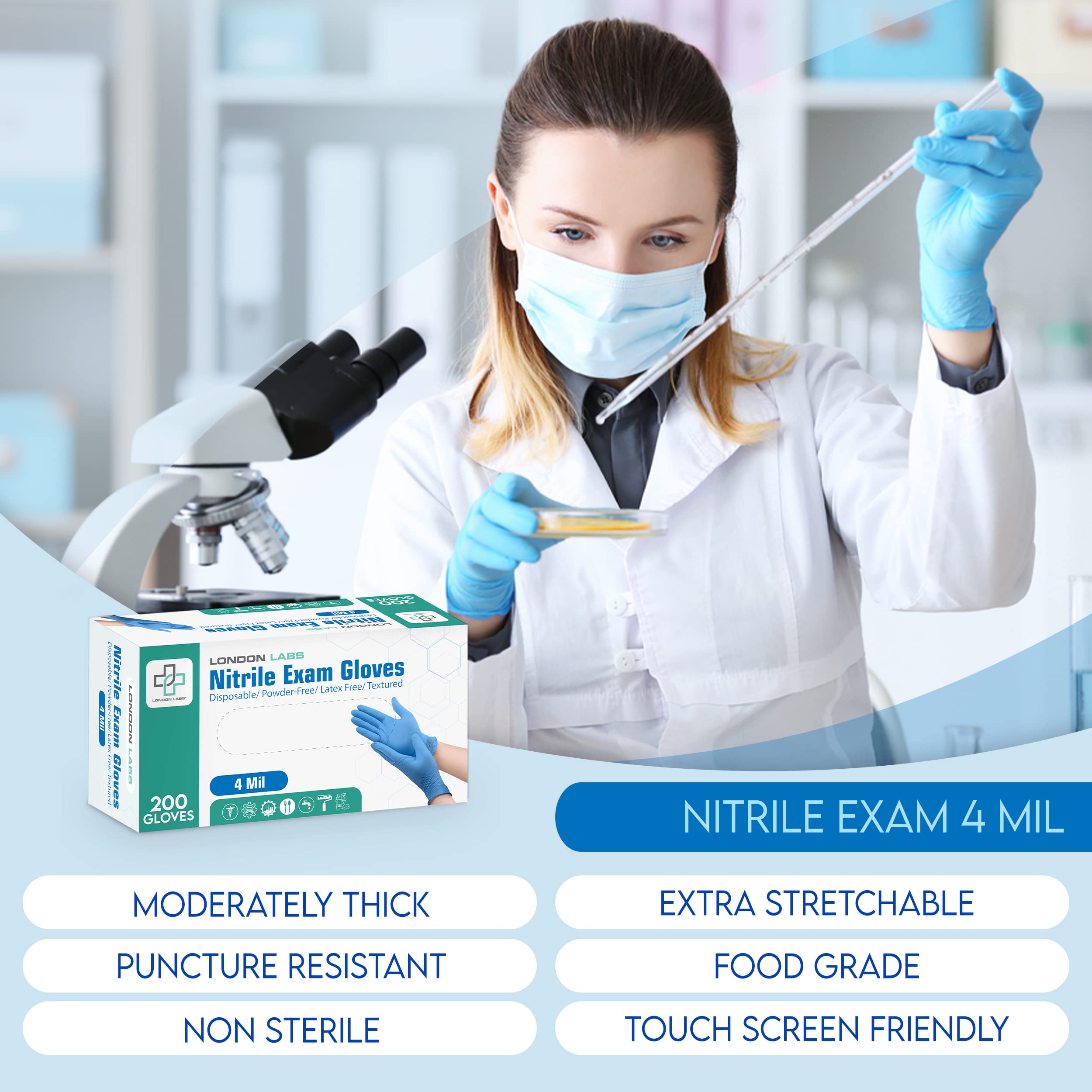 Premium Nitrile Exam Gloves 4 Mil - Latex Free & Powder Free Disposable Gloves for Medical, Dental, Food Service & Cleaning - 100pcs/Box (Blue) - Ideal for Healthcare Professionals, Tattoo Artists & Home Use