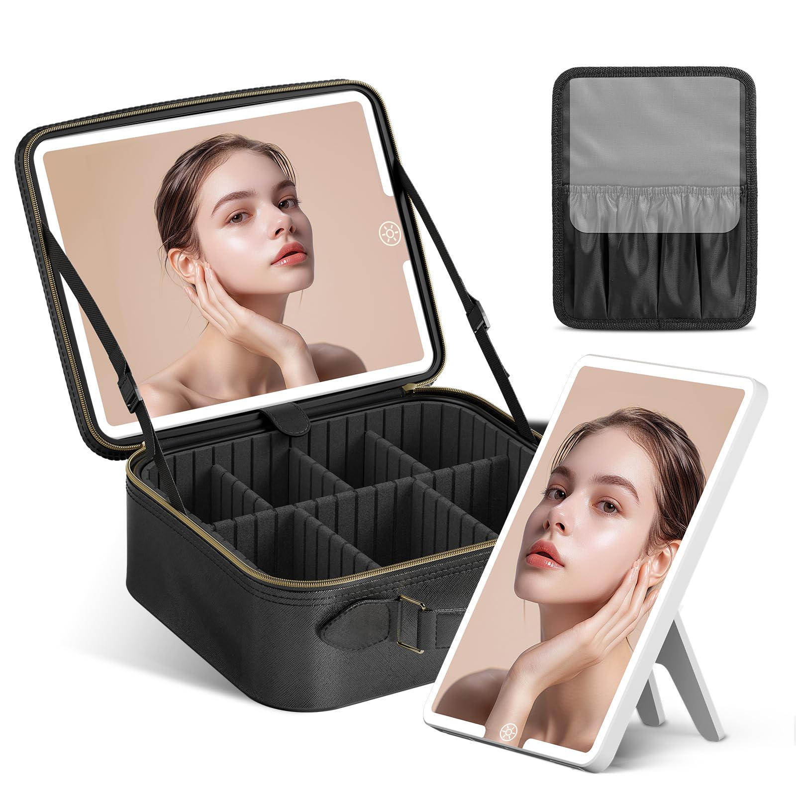 JUSRON LED Makeup Bag with Mirror - 3 Color Settings for Travel & Vanity