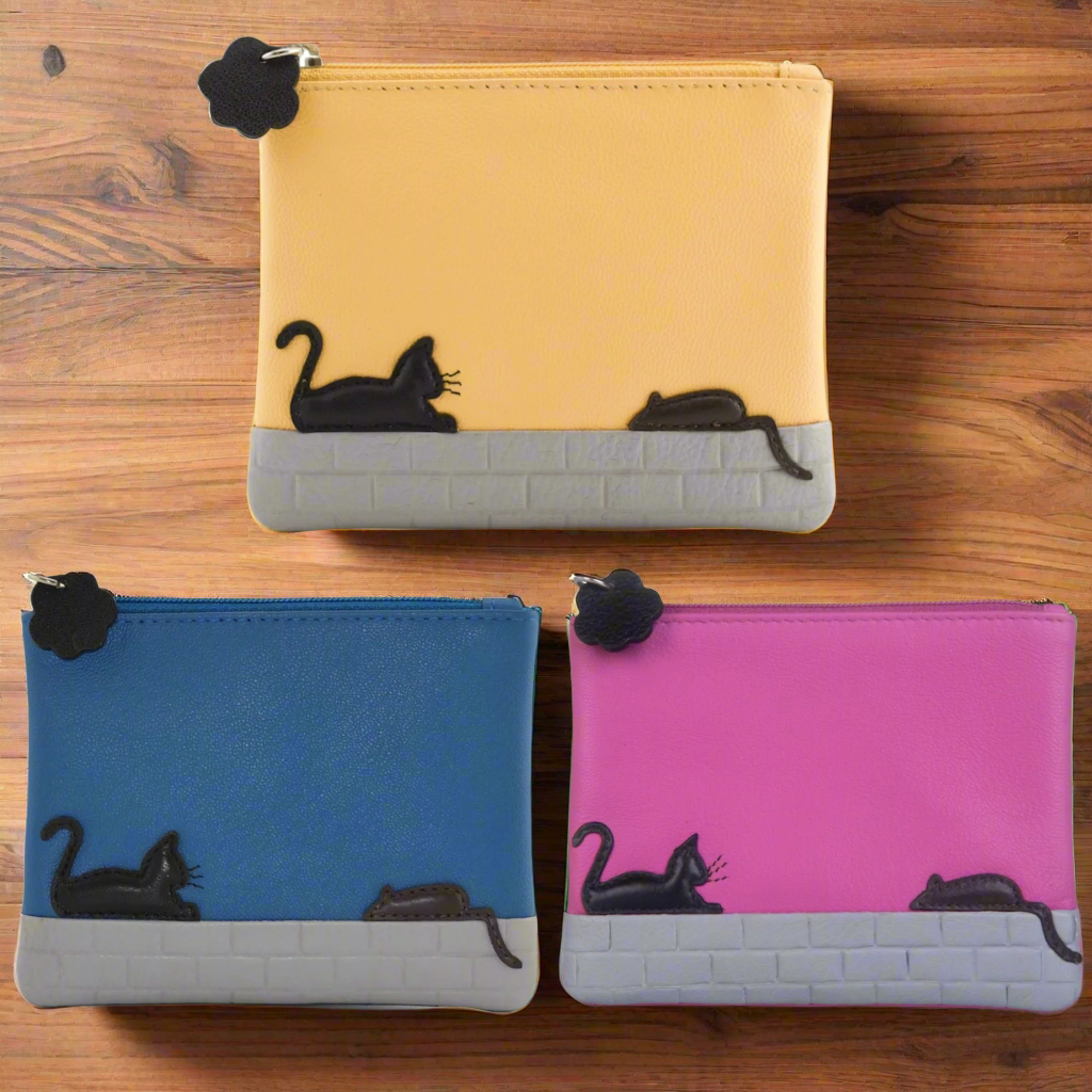 Pink Mala Leather Cat & Mouse Coin Purse & Card Holder - Stylish Wallet for Women, Perfect for Parties, Shopping & Travel Accessories