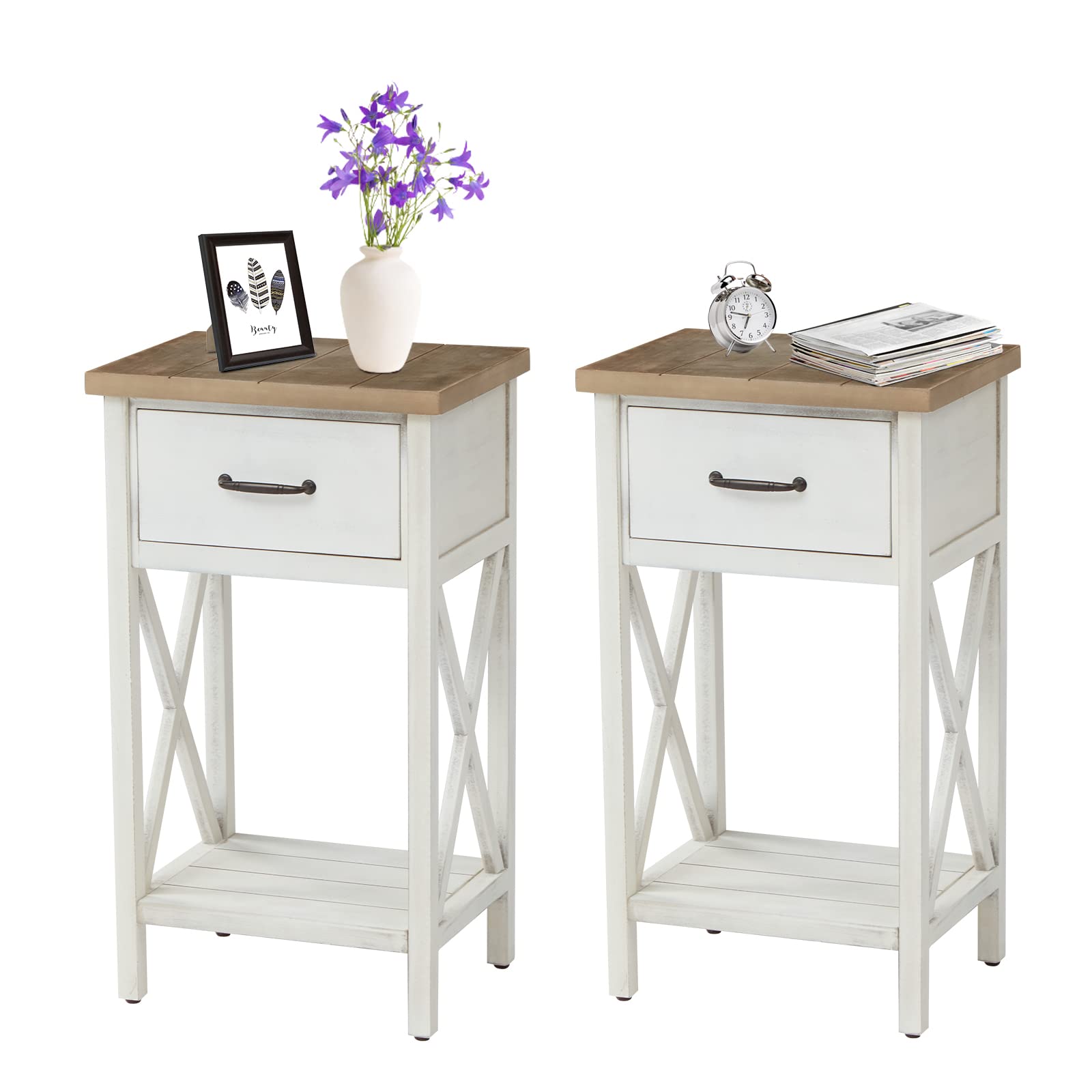 Kinbor Mid Century White Nightstand Set of 2 - Vintage Bedside Tables with Drawer & Storage Shelf for Bedroom - Distressed Retro White Finish - Perfect for Small Spaces, Guest Rooms & Apartment Living