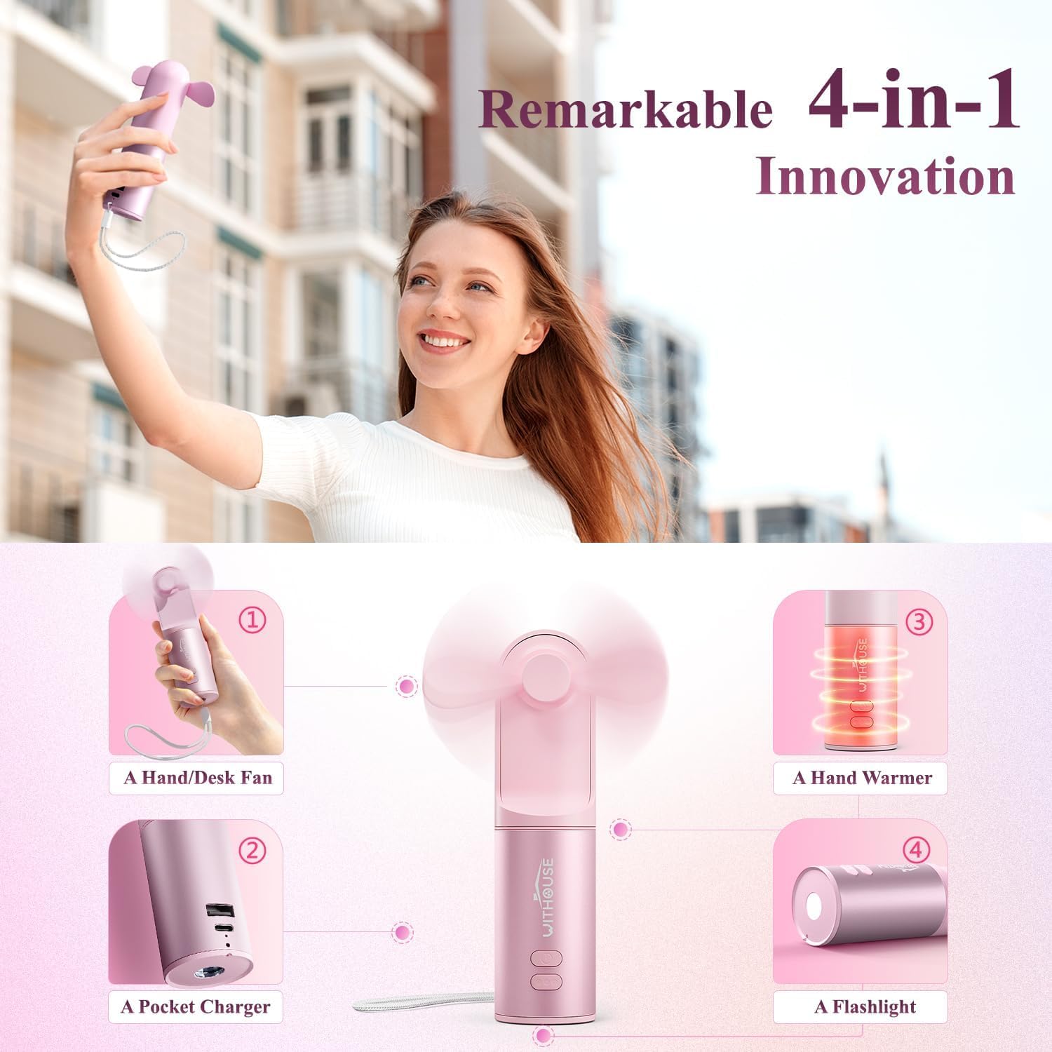 Portable 4-in-1 Rechargeable USB Mini Fan - Handheld Personal Desk Fan with Power Bank, Hand Warmer & Flashlight for Travel, Camping, Office, Home & Outdoor Activities