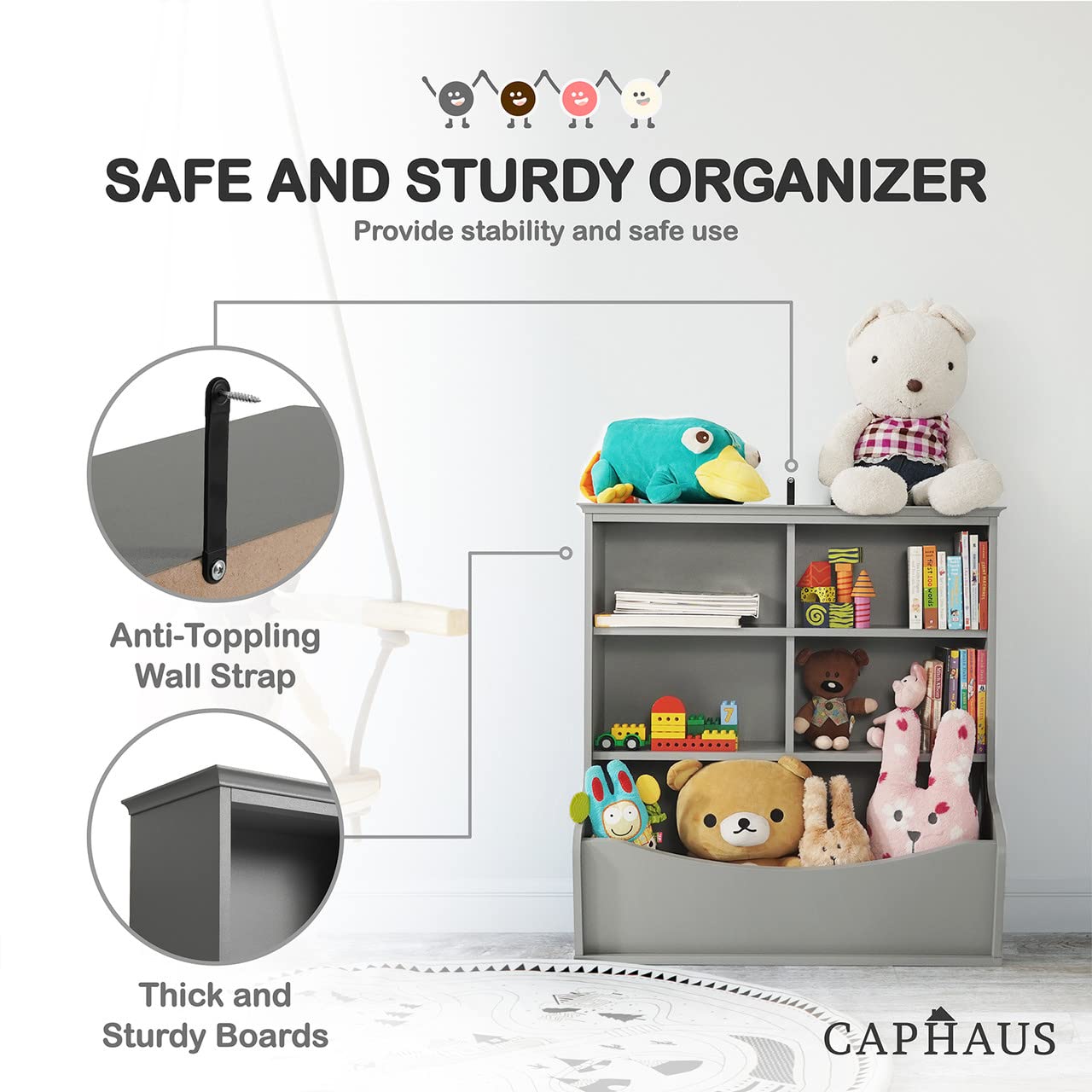 CAPHAUS Kids Toy Storage Organizer - 6 Bin Open Shelf Bookcase with Wheels, Multifunctional Bookshelf & Toy Organizer for Nursery, Playroom, Bedroom & Closet | Perfect for Organizing Toys, Books & Kids Room Decor