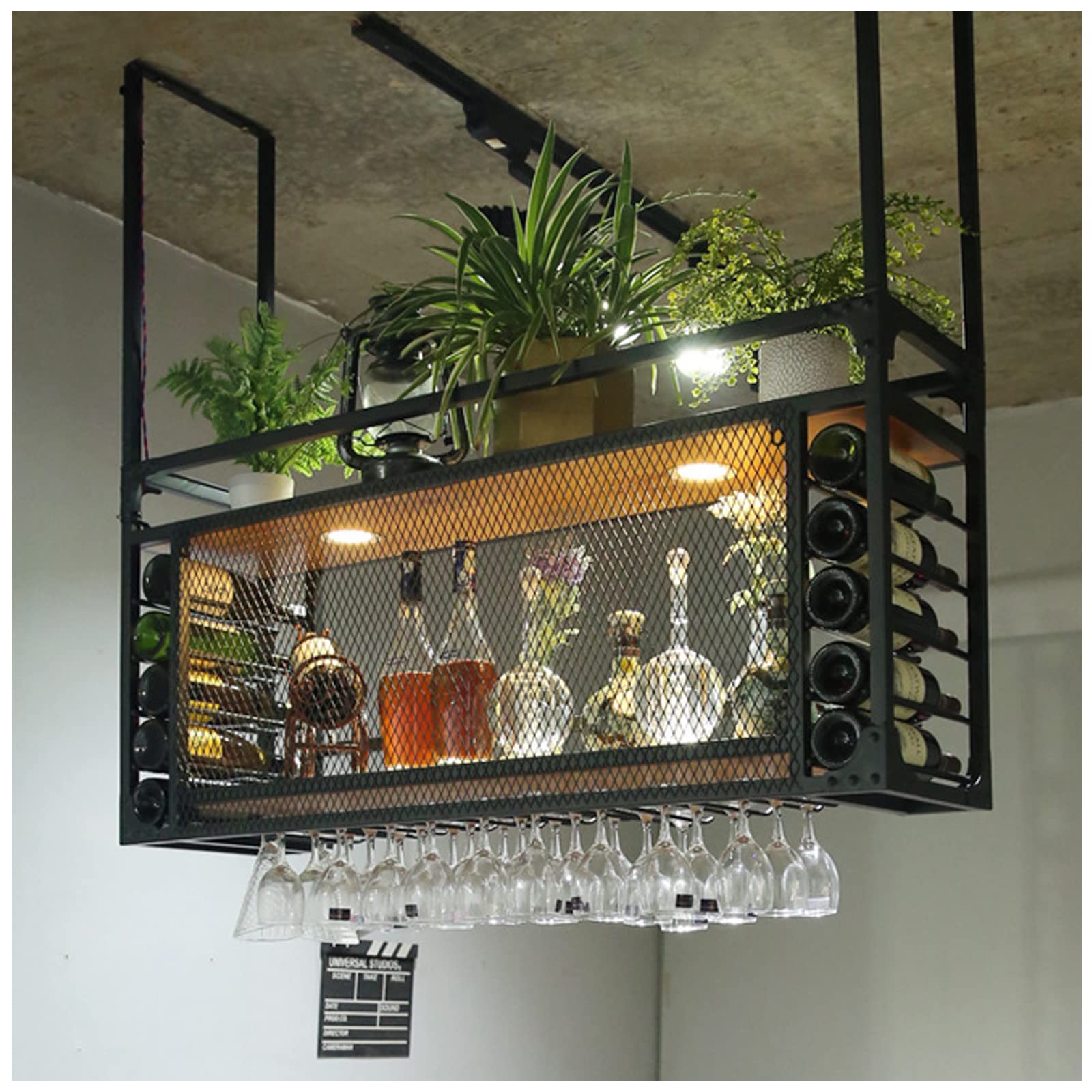 Premium Black Metal Ceiling Wine Glass Rack with Hanging Holder & Shelf - 55.1in Stemware Storage for Bars, Restaurants, Kitchens - Perfect for Wine Cellars, Home Bars & Commercial Establishments