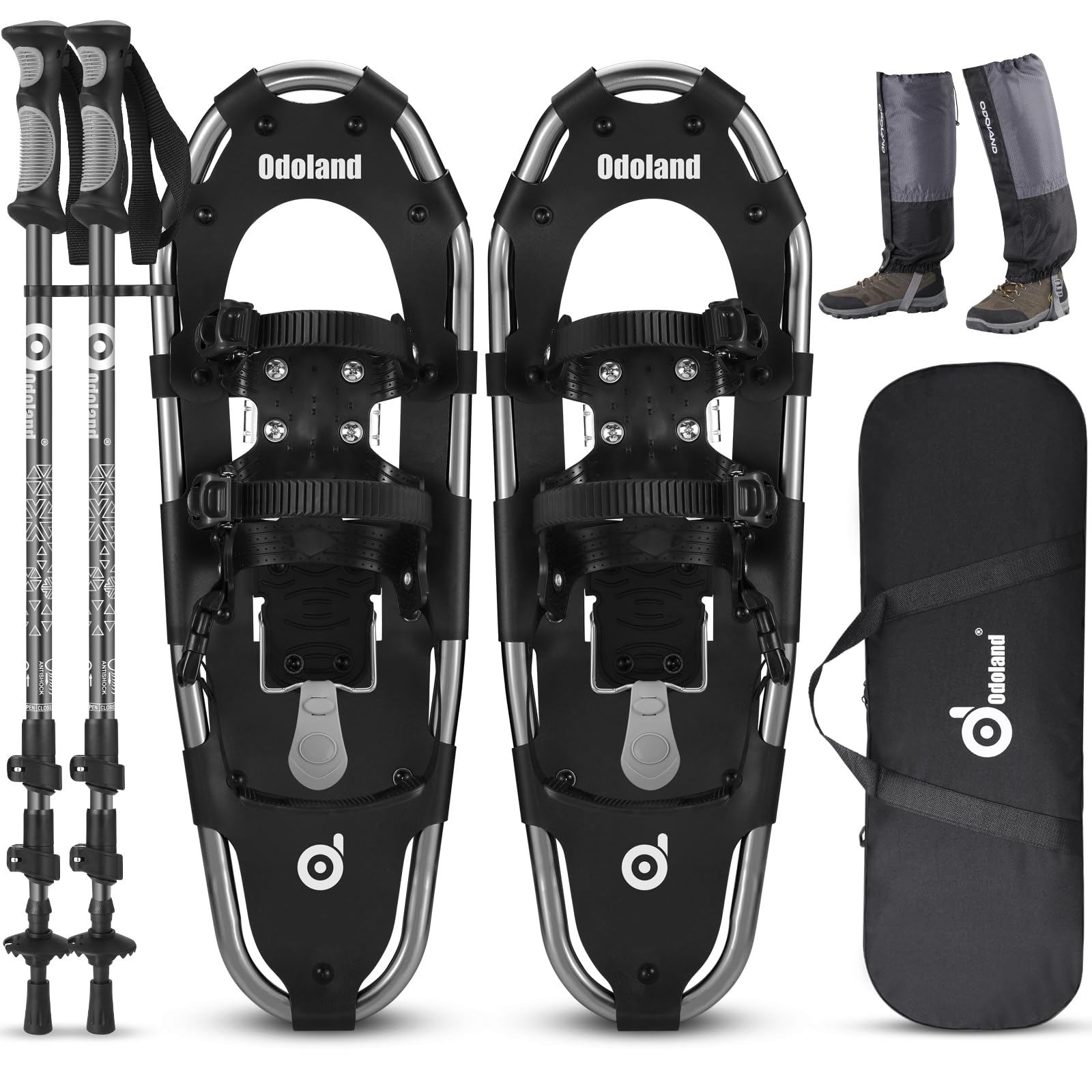 Odoland 4-in-1 Snowshoes Set for Men, Women & Youth - Adjustable 54cm/63cm/76cm Winter Hiking Shoes with Waterproof Gaiters & Carry Bag - Perfect for Snow Trekking, Mountain Climbing & Outdoor Adventures