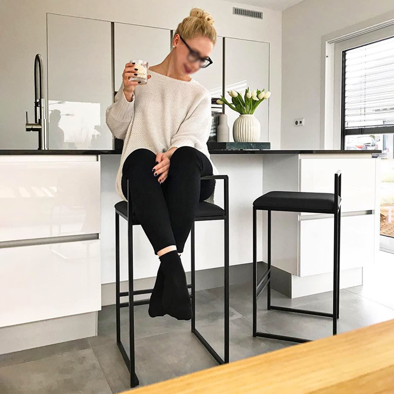 DASHADAO Set of 2 Black Velvet Kitchen Island Counter Chairs with Metal Legs & Footrest - Modern Breakfast Bar Stools for Dining, Kitchen Decor & Small Space