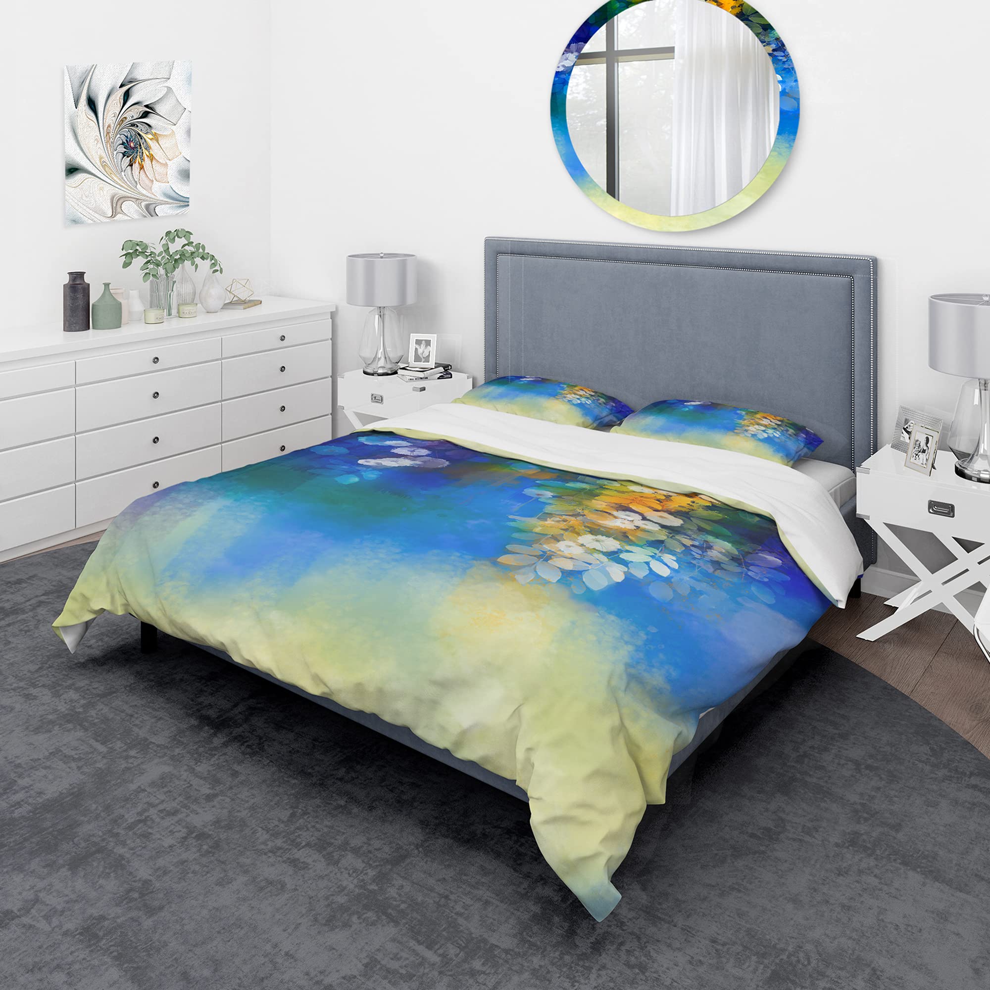 DesignQ Spring Floral Duvet Cover Set - Twin Size Blue Coastal Bedding, 3-Piece All-Season Nautical Bedding Set for Guest Rooms & Beach House Decor