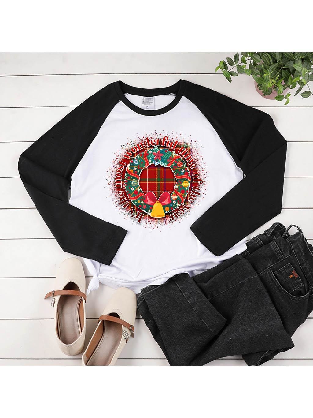Lovevop Christmas Wreath Print Casual Long Sleeve T-Shirt for Women - Holiday Party, Family Gathering & Cozy Winter Outfits