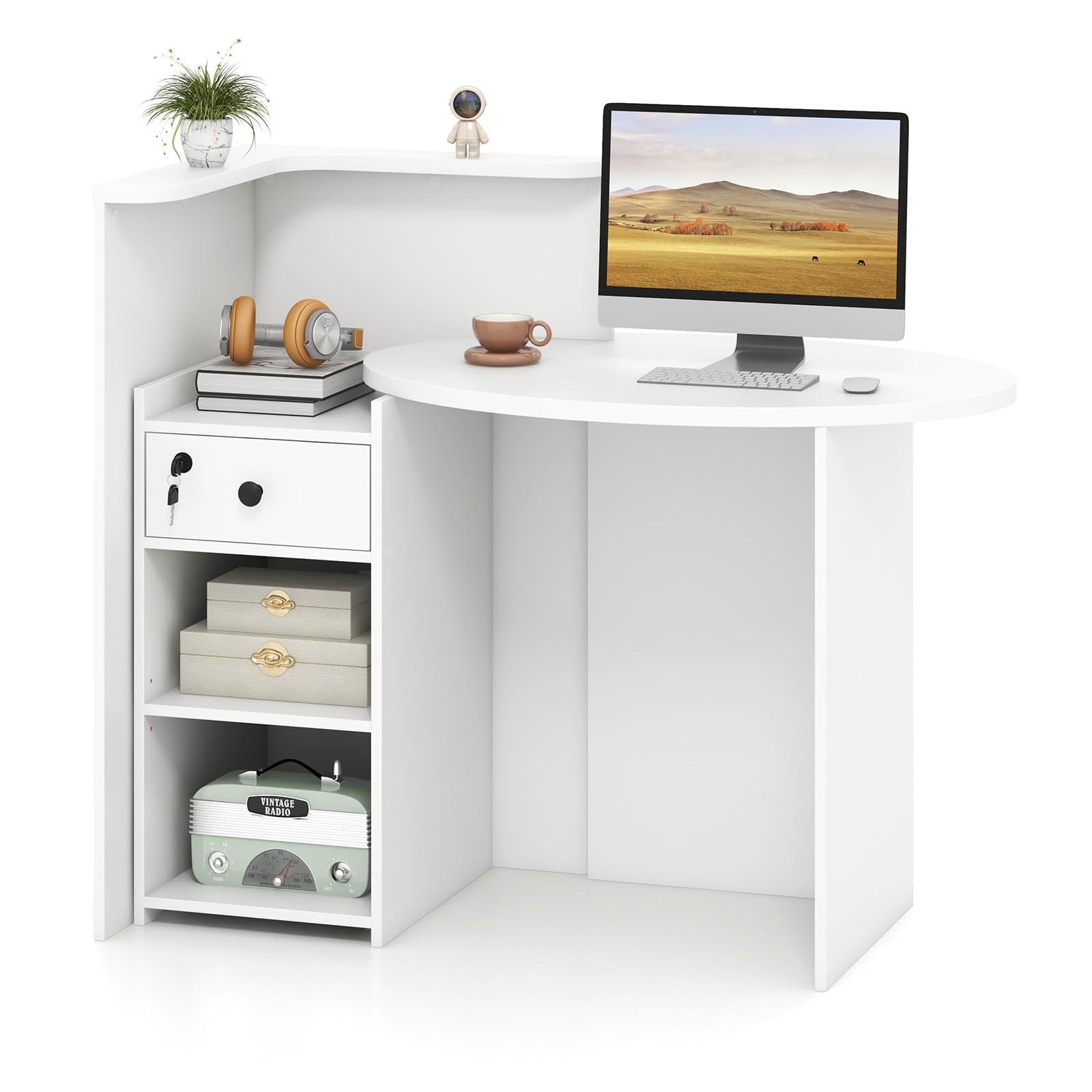 Tangkula Reception Desk with Lockable Drawer & Adjustable Shelf - Oval Desktop Retail Counter for Checkout - Computer Workstation for Salon, Lobby, Home Office - Perfect for Business, Retail Stores & Professional Spaces