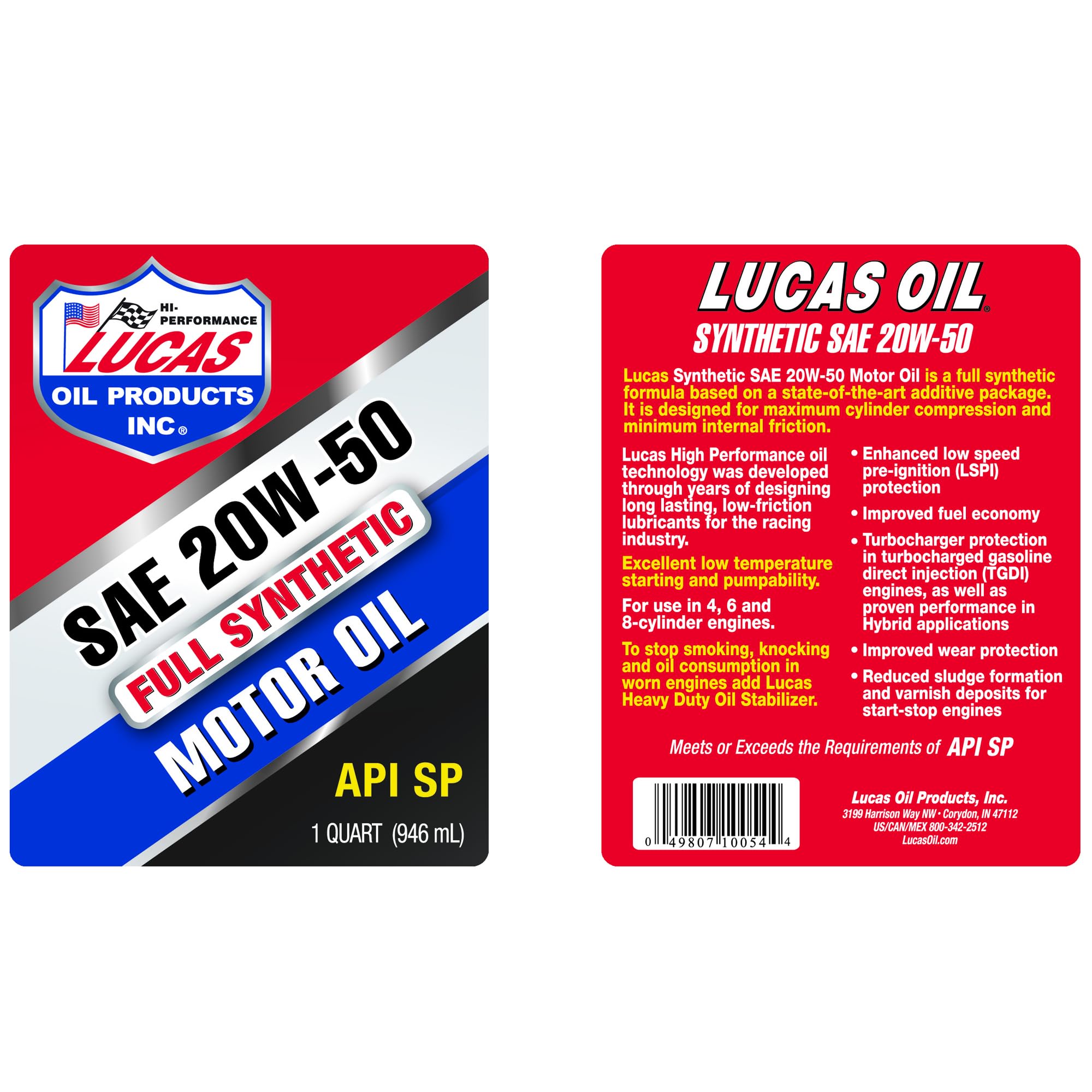 Lucas Oil 10054 Synthetic 20W-50 High Performance Motor Oil - 1 Quart (6 Pack) | Premium Engine Protection for Cars, Trucks & Motorcycles | Ideal for High Mileage & Extreme Temperature Conditions