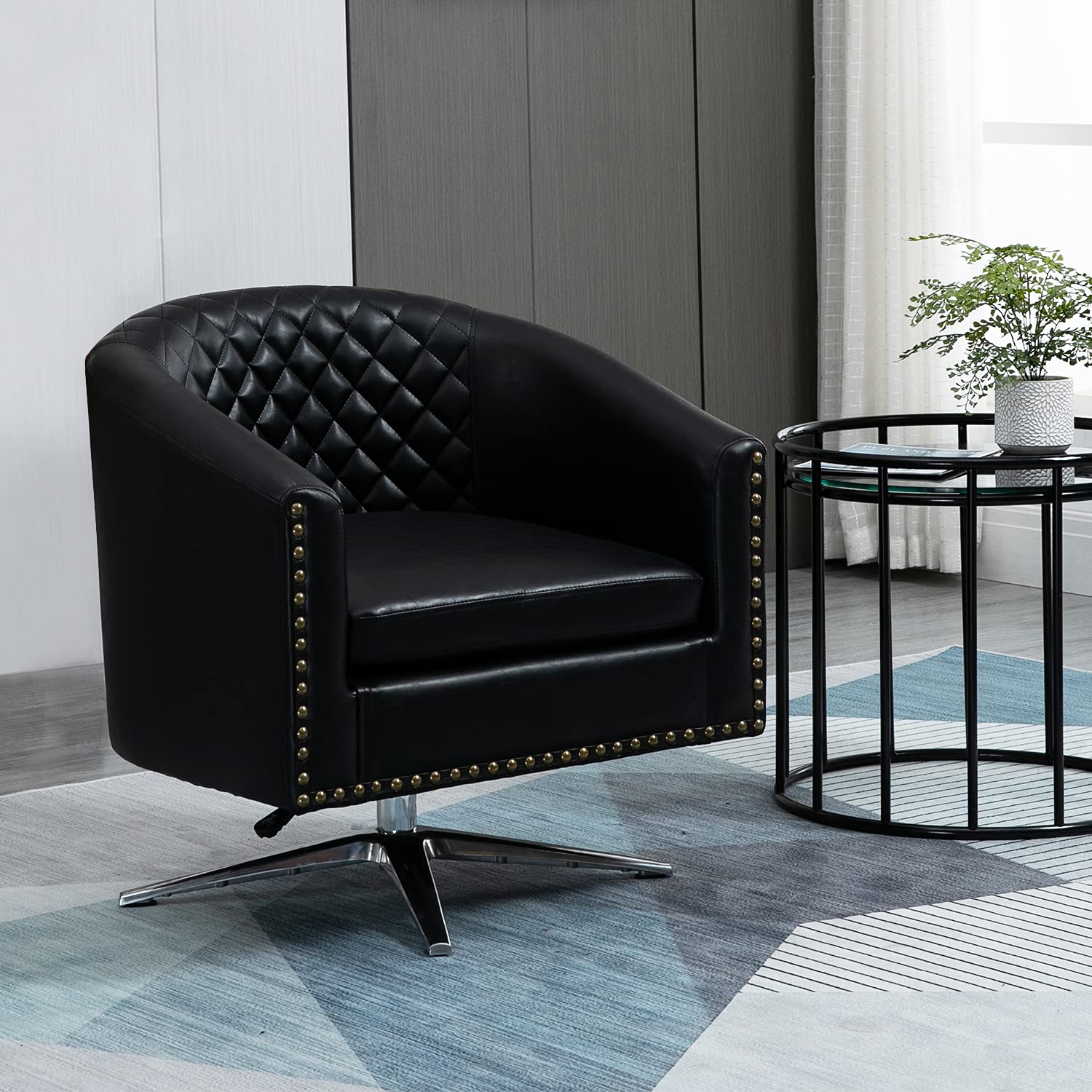 HOMHUM Mid-Century Modern Swivel Accent Chair - Genuine Leather Upholstered Desk Chair with Wide Seat & Sturdy Metal Legs - Perfect for Living Room, Bedroom, Home Office & Reception Areas (Black) - Ideal for Relaxing, Working & Enhancing Home Decor