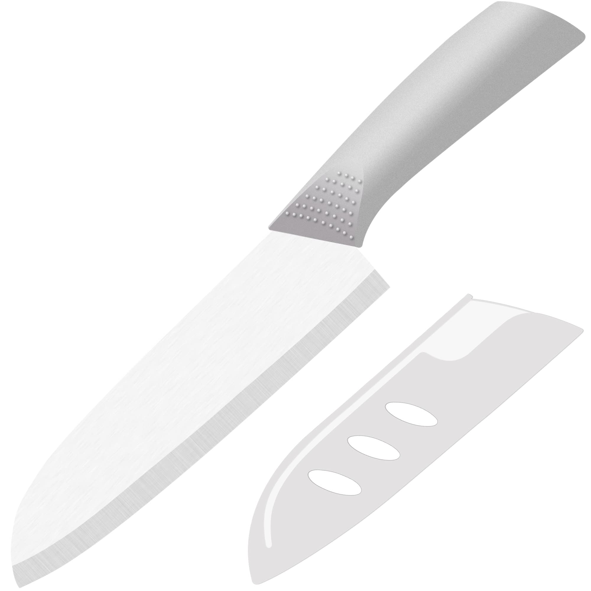 Rynal 7 Inch Grey Ceramic Santoku Knife - Ultra Sharp Kitchen Knife for Meat, Fruits & Vegetables - Includes Protective Sheath Cover - Perfect for Slicing, Dicing & Chopping in Home Kitchens