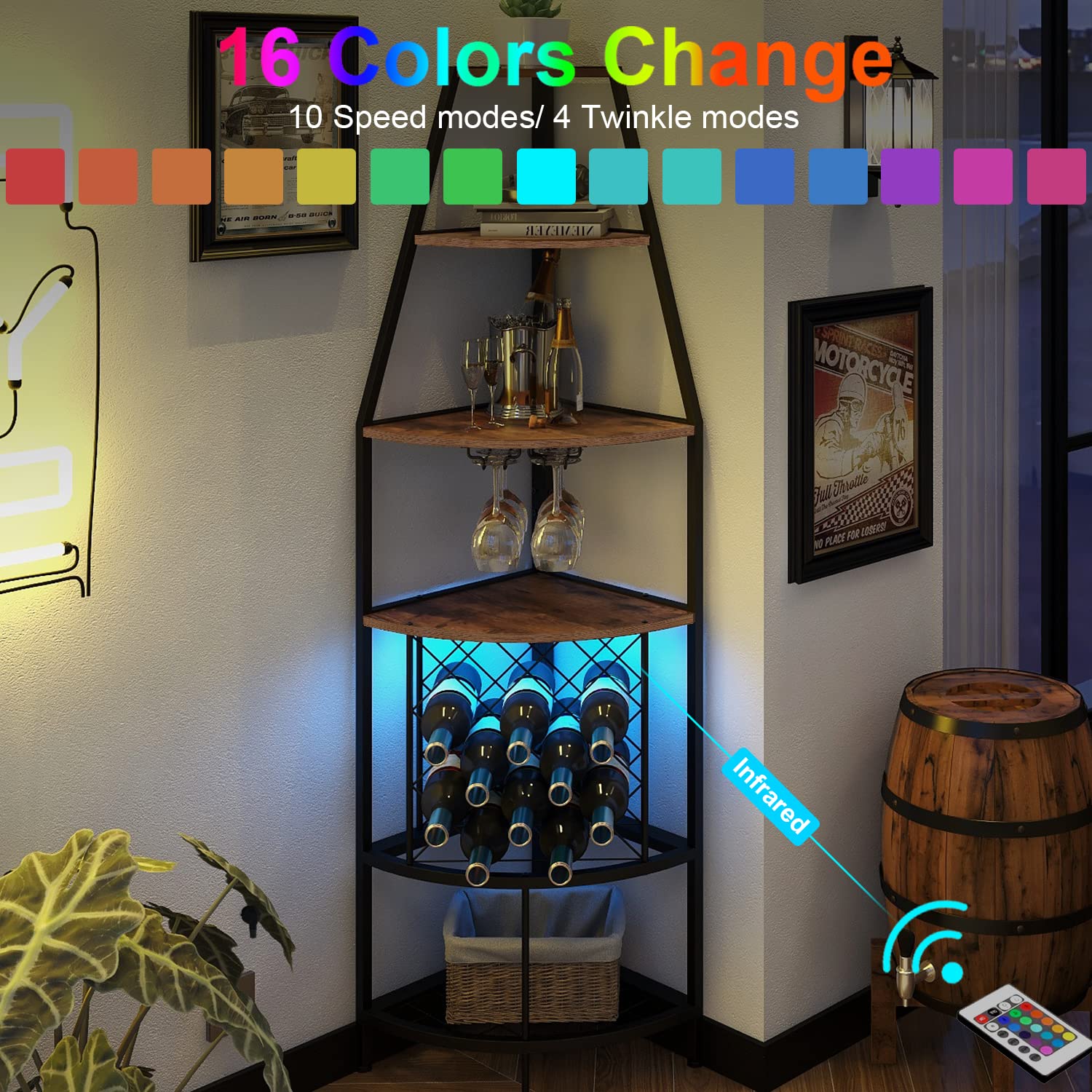 5-Tier Corner Wine Rack with LED Lights - Floor Standing Wine Storage with Glass Holder for 12 Bottles - Rustic Brown Home Bar Furniture for Kitchen, Living Room & Dining Room - Perfect for Wine Enthusiasts & Entertaining Guests