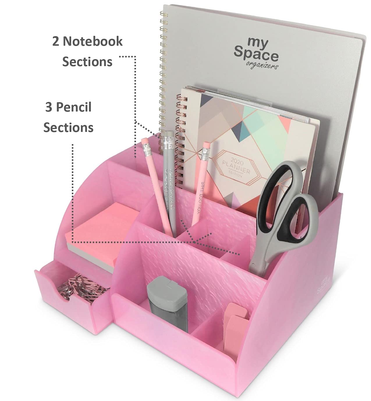 Pink Acrylic Desk Organizer with 9 Compartments & Drawer - Office Supplies Storage, Pen Holder & Cool Desktop Accessories for Home, School & Workspace Organization