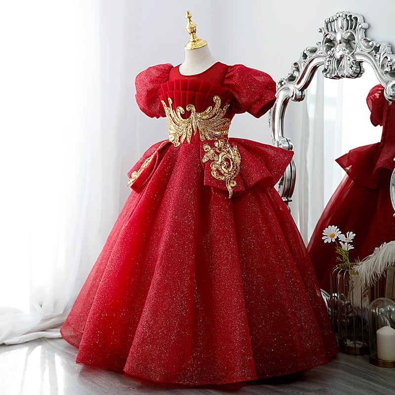 Burgundy Princess Round Floor Length Sequined Flower Girl Dress for Weddings, Pageants & Special Occasions