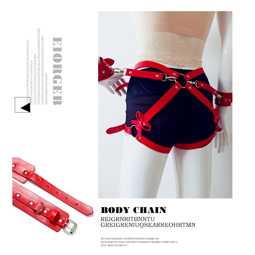 Punk Leather Body Chain for Women - Sexy Body Harness Belt with Leg Chain - Gothic Rave Party & Nightclub Jewelry - Perfect for Halloween, Bachelorette Parties & Festivals (Red)