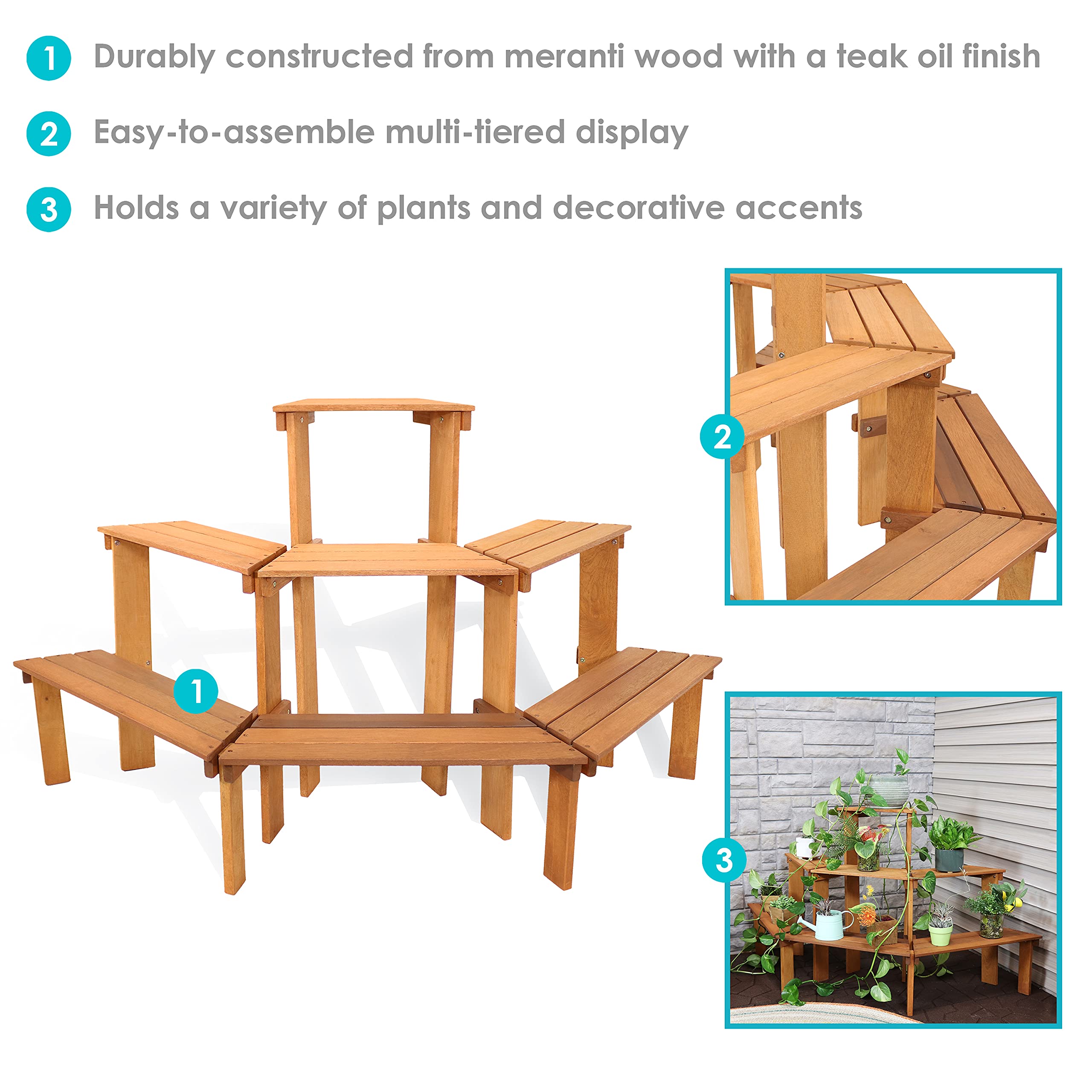 Sunnydaze 3-Tier Meranti Wood Outdoor Plant Stand with Teak Oil Finish - 5.75 Feet Wide - Indoor & Outdoor Use - Perfect for Patio, Garden, Balcony & Home Decor
