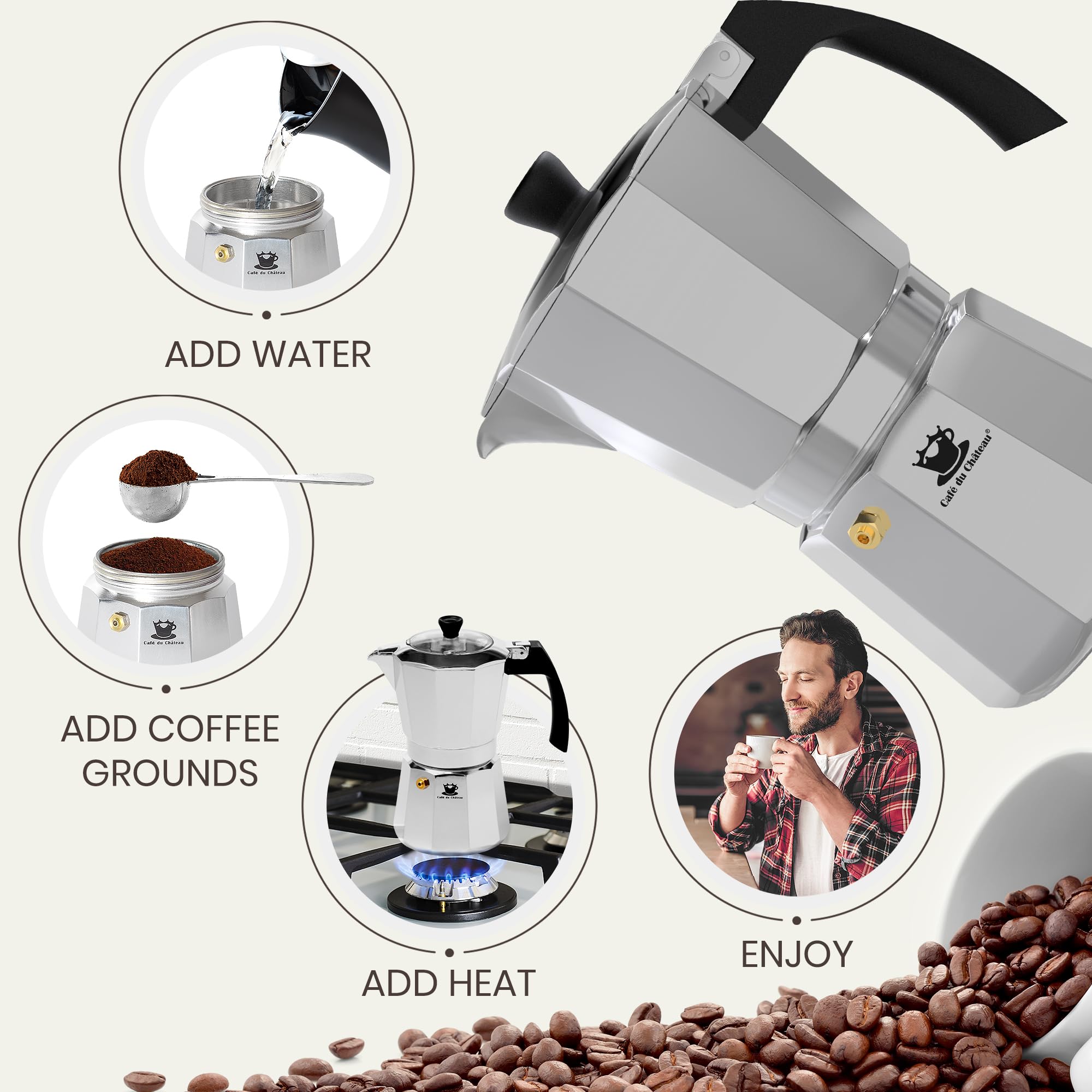 Cafe Du Chateau 6-Cup Espresso Maker & Coffee Percolator - Transparent Lid, High-Gloss Finish with Clip Spoon - Perfect for Camping, Home & Office Use