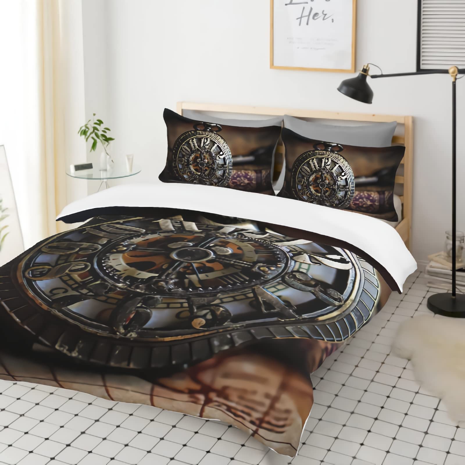 GREDBH King Size Duvet Cover Set - Vintage Pocket Watch Design with 2 Pillowcases | 3-Piece Retro Clock Bedding Set | 100% Soft Microfiber (Comforter Not Included) | Perfect for Victorian, Steampunk or Gothic Bedroom Decor