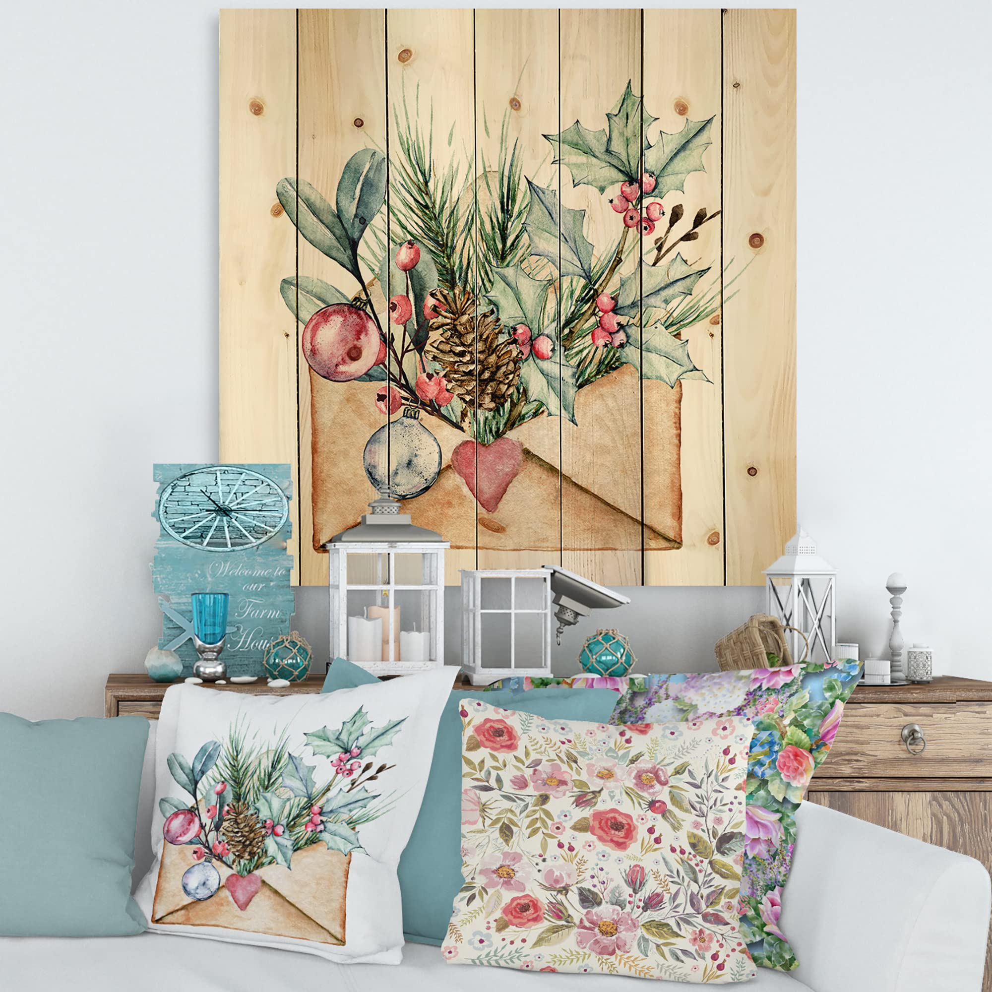 DesignQ Merry Christmas Greeting Card - Traditional Wood Wall Decor, Green Wood Wall Art, Large Floral Wood Panel Printed on Natural Pine - Perfect for Holiday Home Decor, Christmas Gifts & Festive Wall Art