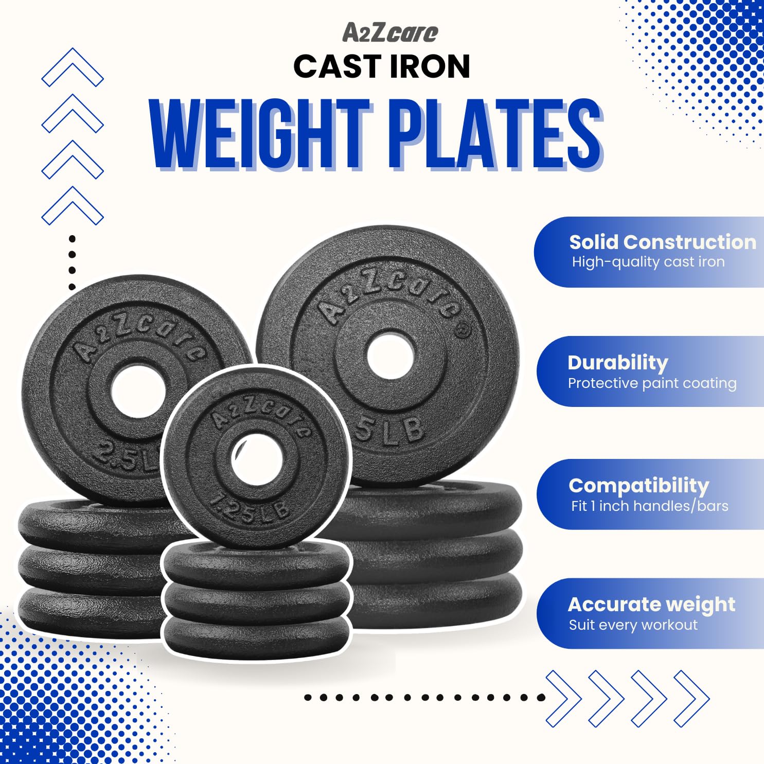 A2ZCARE 1 inch Standard Weight Plates Set (1.25-15 lbs) - Cast Iron Dumbbell & Barbell Plates for Home Gym, Strength Training & Fitness Workouts