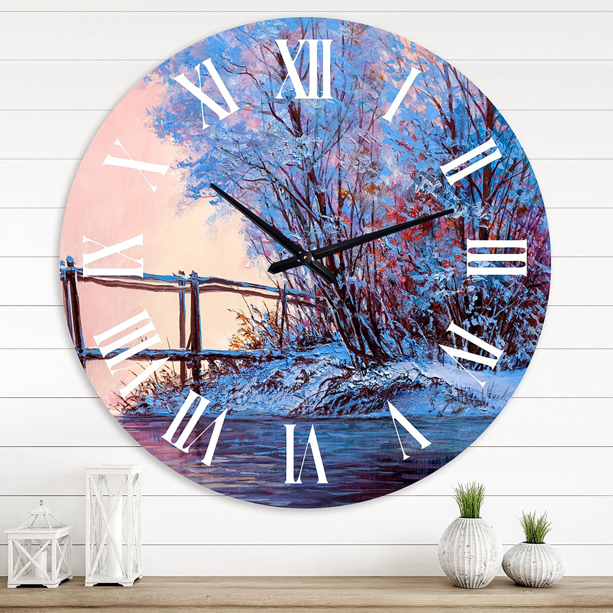 DesignQ Lake House Wall Clock - Winter Scenery with Meandering River Bridge I - Large Landscape Nature Wall Clock for Living Room, Bedroom & Office Decor - Perfect for Rustic, Farmhouse & Modern Home Interiors