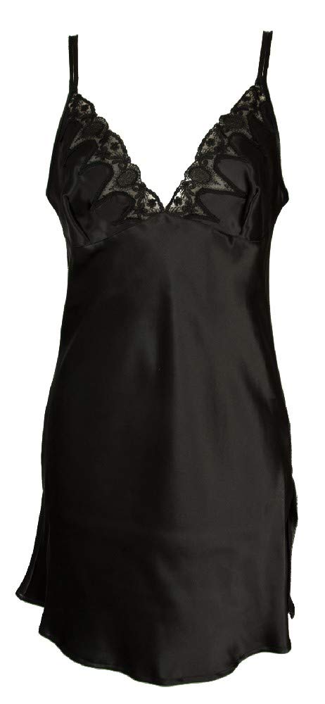PARAH Women's Lace Trimmed Pure Silk Nightgown & Dressing Gown - Black (Size 44, Style R348) | Luxurious Sleepwear for Bridal, Honeymoon & Special Occasions