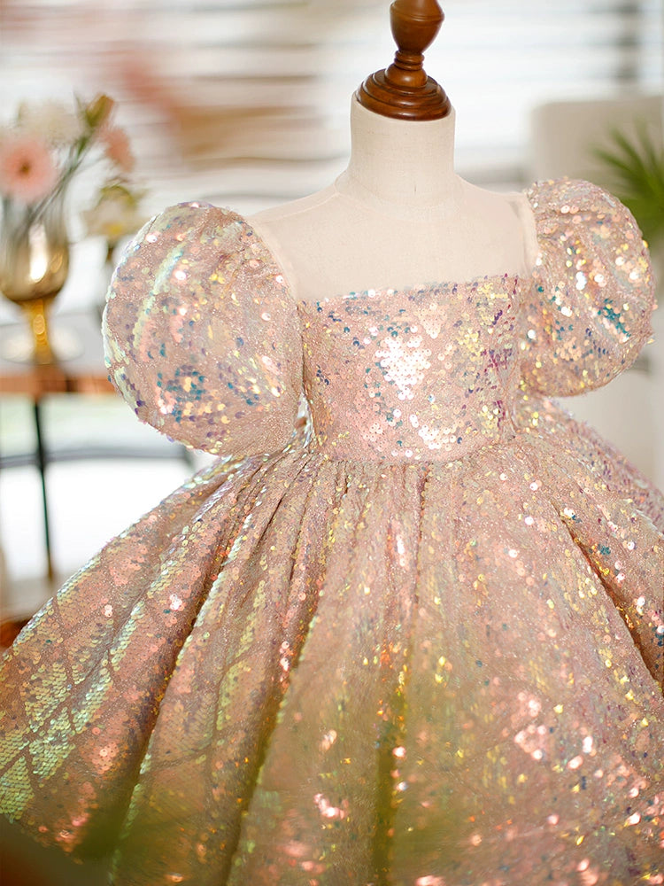 Pink Princess Square Tea Length Sequined Flower Girl Dress for Weddings, Bridal Party & Special Occasions - Elegant Flower Girl Attire