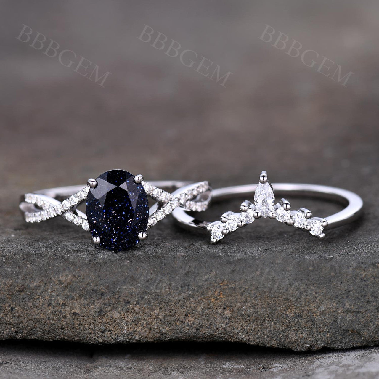 White Gold Blue Sandstone Bridal Ring Set - 6x8mm Oval Cut Infinity Moissanite Band for Women | Perfect for Engagement, Wedding & Anniversary Gifts