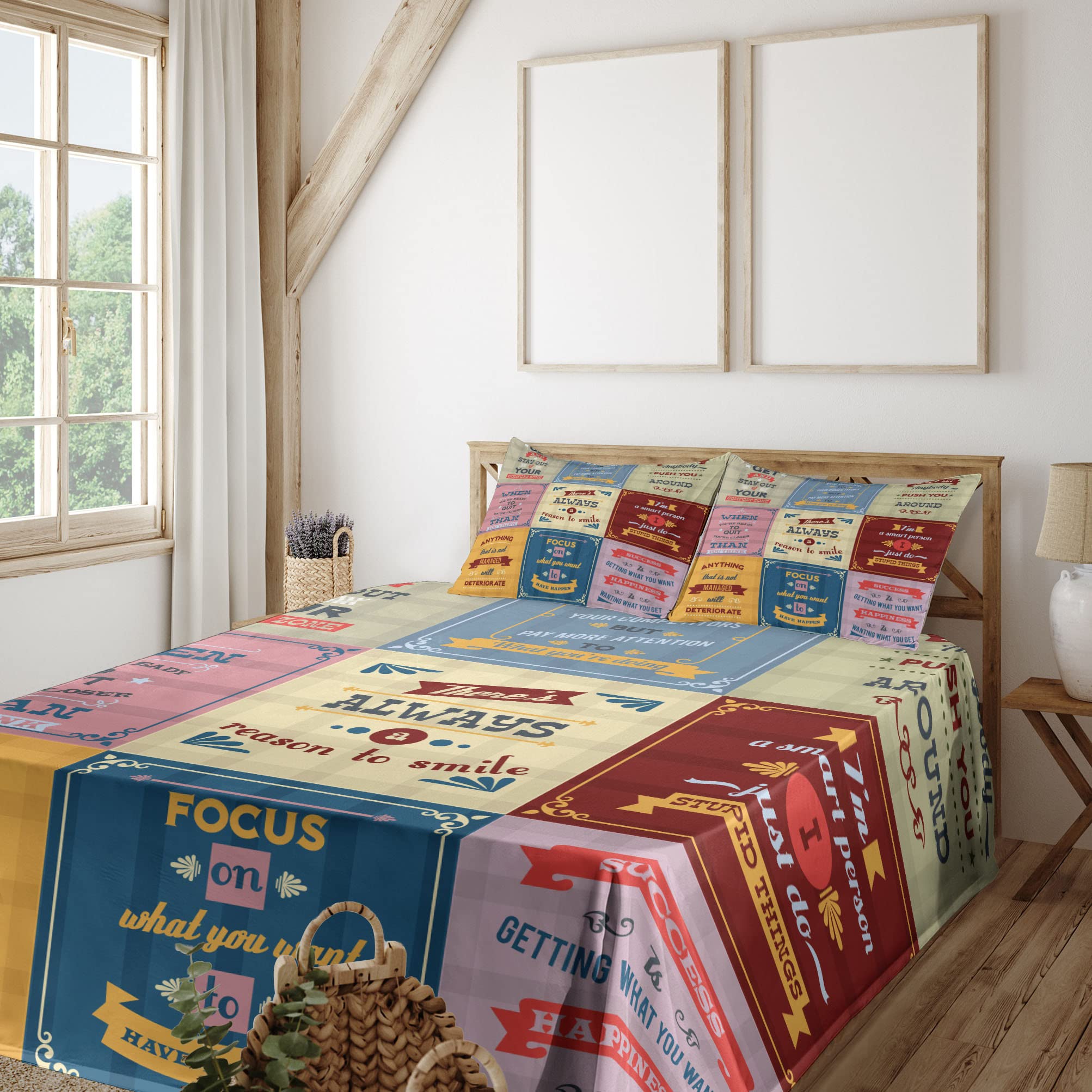 Ambesonne Motivational Words Sheet Set - 'Success with Positive Attitude' Themed 4-Piece Bedding Set (King Size) in Yellow & Pink | Perfect for Home Decor, Guest Rooms & Positive Vibes Bedroom