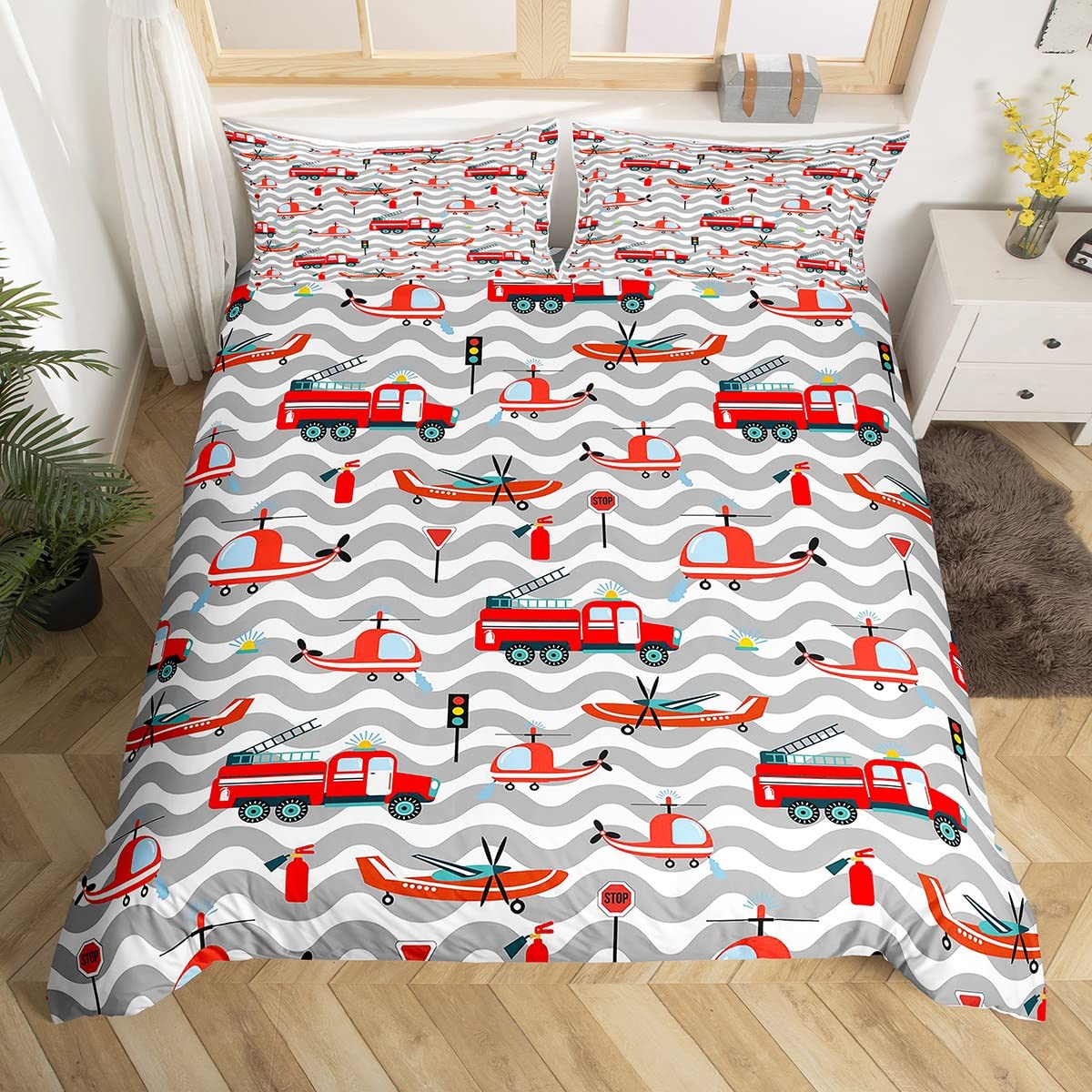 Boys Cartoon Cars Duvet Cover Set Twin Size - Red Fire Truck & Airplane Bedding for Kids Room Decor | Modern Mechanical Vehicles Comforter Cover with Grey Waves Design | Includes 1 Pillowcase | Perfect for Kids Bedroom, Nursery, or Gift