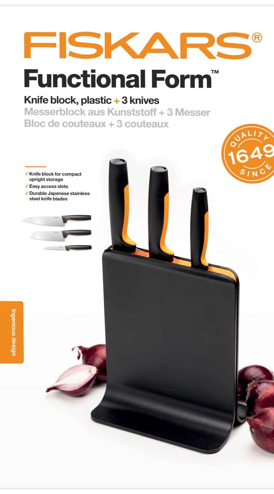 Fiskars 3-Piece Knife Set with Block - Includes Chef's, Santoku & Vegetable Knives - Ergonomic Kitchen Knives for Precise Cutting - Black Plastic Knife Holder - Perfect for Home Cooking & Meal Prep