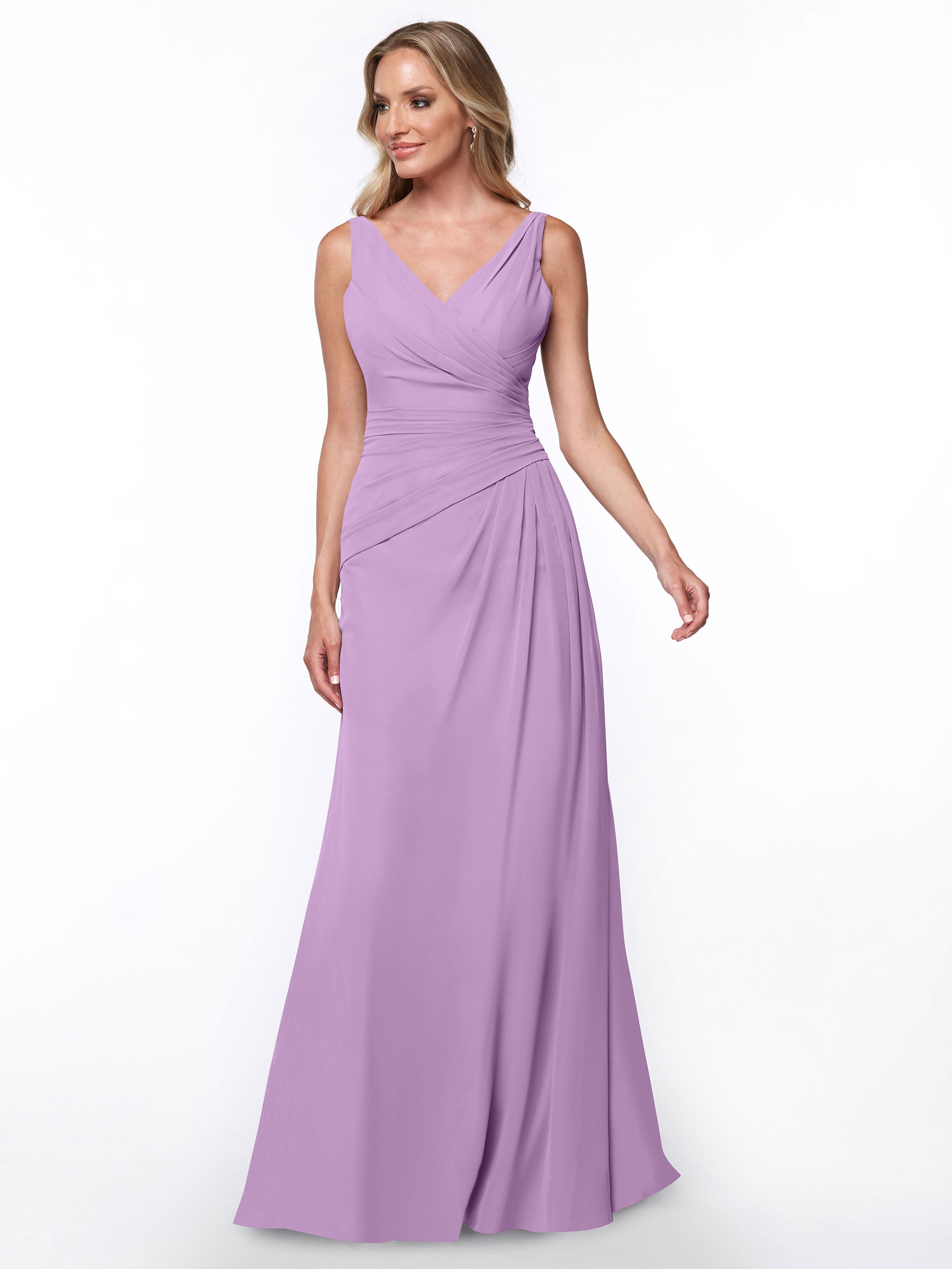 Elegant 80030 Chiffon Sheath Bridesmaid Dress with Ruching V-Neck Bodice - Perfect for Weddings, Formal Events & Special Occasions