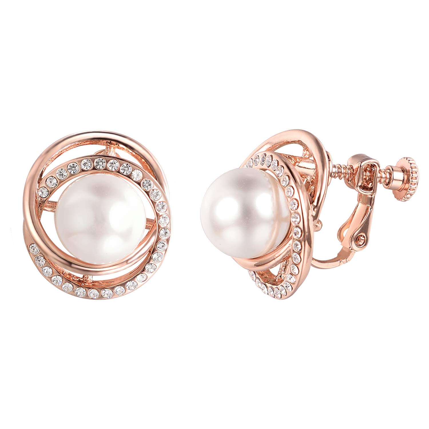 Austrian Crystal Clip On Earrings for Women - 18K Gold Plated Victorian Style Dangle Earrings with Faux Pearls for Wedding, Party & Special Occasions - Non Pierced Fashion Jewelry Gift